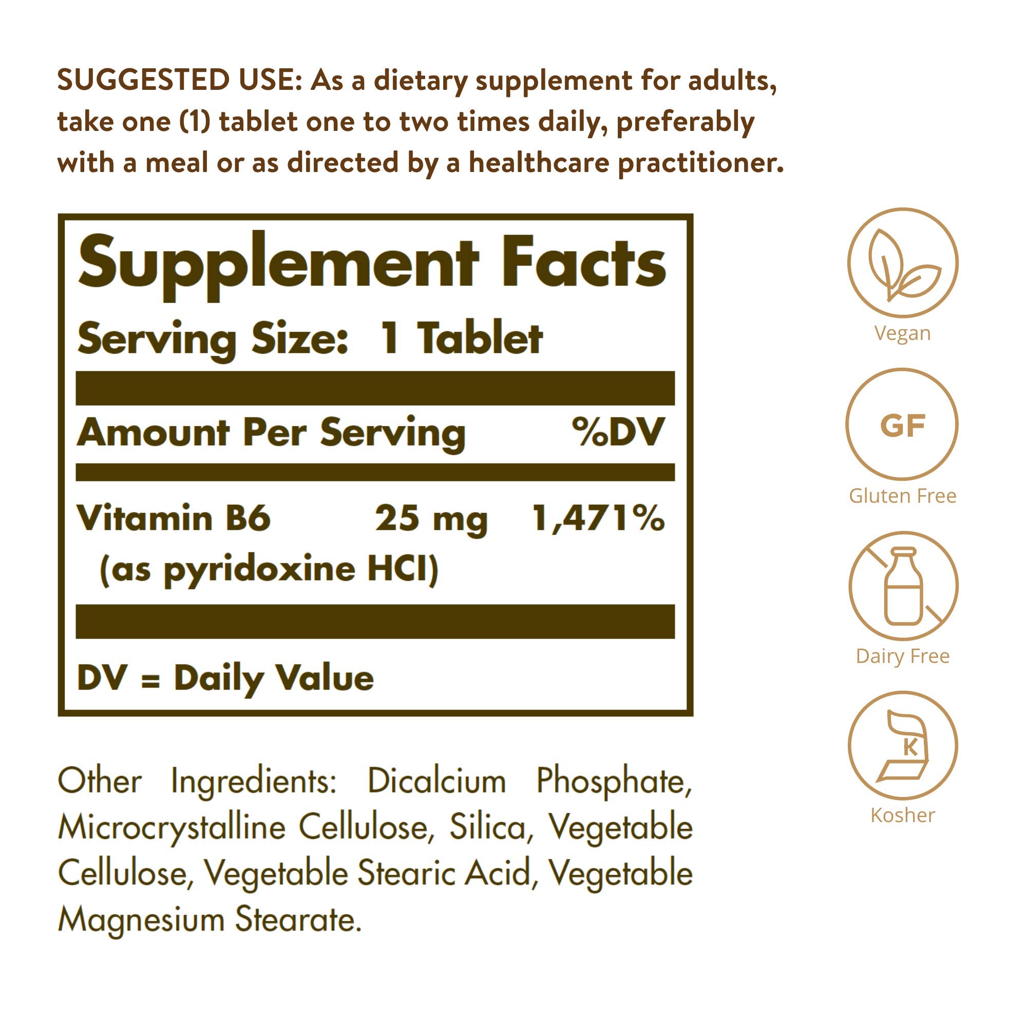 Solgar Vitamin B6 25 mg, 100 Tablets - Supports Energy Metabolism, Heart Health & Healthy Nervous System - B Complex Supplement - Vegan, Gluten Free, Dairy Free, Kosher - 100 Servings