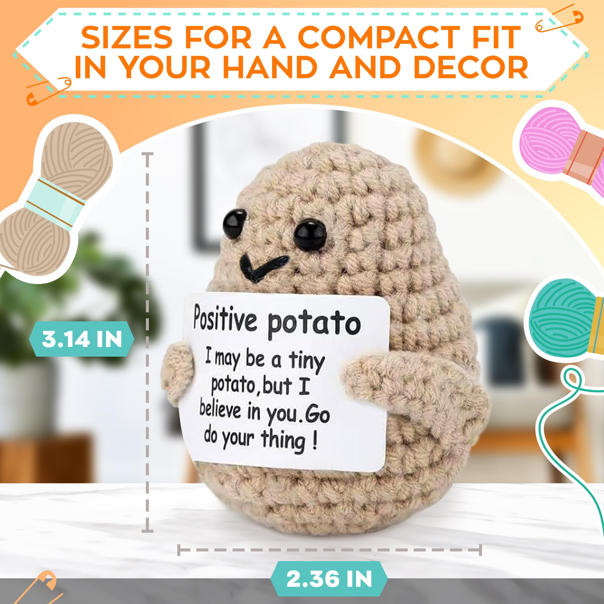 Handmade Crochet Positive Potato – 3.14x2.36 Inches Cute Mini Knitted Plush with Motivational Card, Funny Small Emotional Support Crochet, Inspirational Desk Decor, Unique Valentines Day Gifts for Him