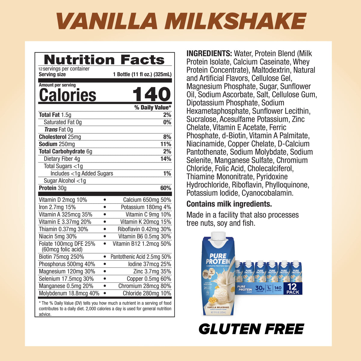 Pure Protein Vanilla Protein Shake, 30g Complete Protein, Vitamins A, C, D, and E plus Zinc to Support Immune Health, Ready to Drink and Keto-Friendly, 11oz Bottles, 12 Pack