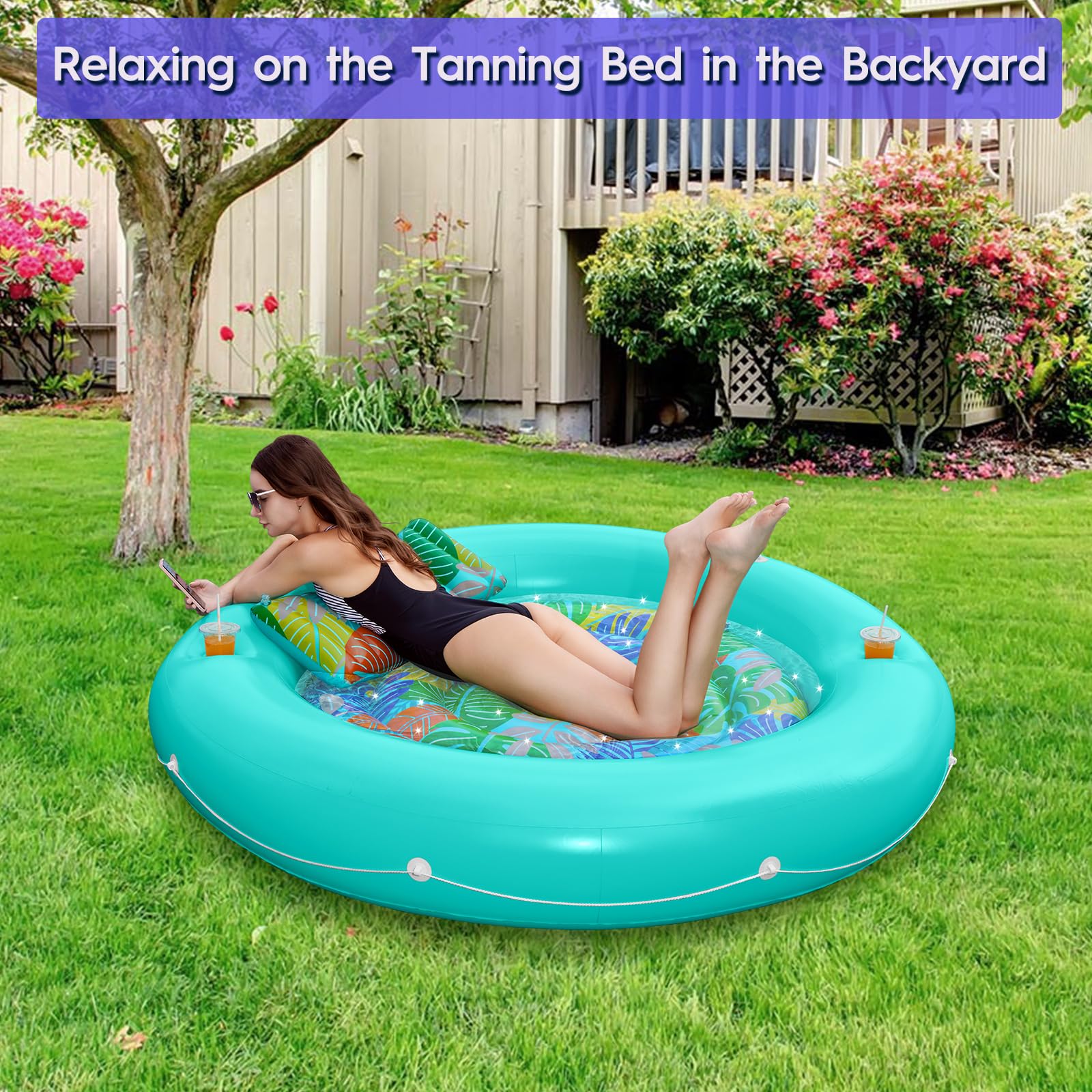 CALOBANA Heavy Duty Tanning Pool Lounger Float with Removable Base, 77'' x 77'' Extra Large Suntan Tub Pool Floats Adults Water Toys for Party Inflatable Round Float for Backyard, Swimming Pool