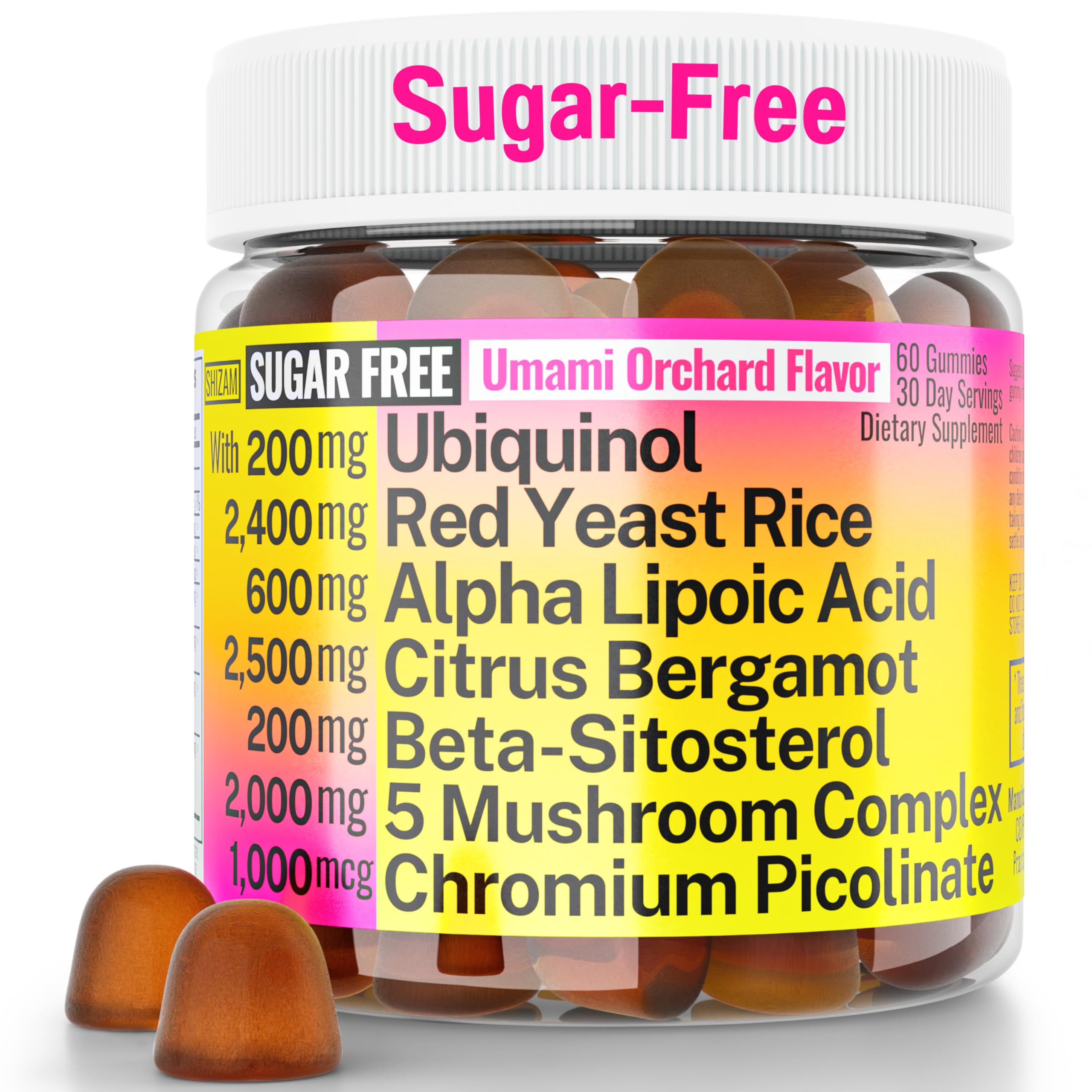 Red Yeast Rice Alpha Lipoic Acid Ubiquinol CoQ10 Citrus Bergamot Beta-Sitosterol Chromium Picolinate Sugar-Less Gummies w Lion's Mane Turkey Tail Reishi Cordyceps Chaga, Pills Capsules Supplement Alt