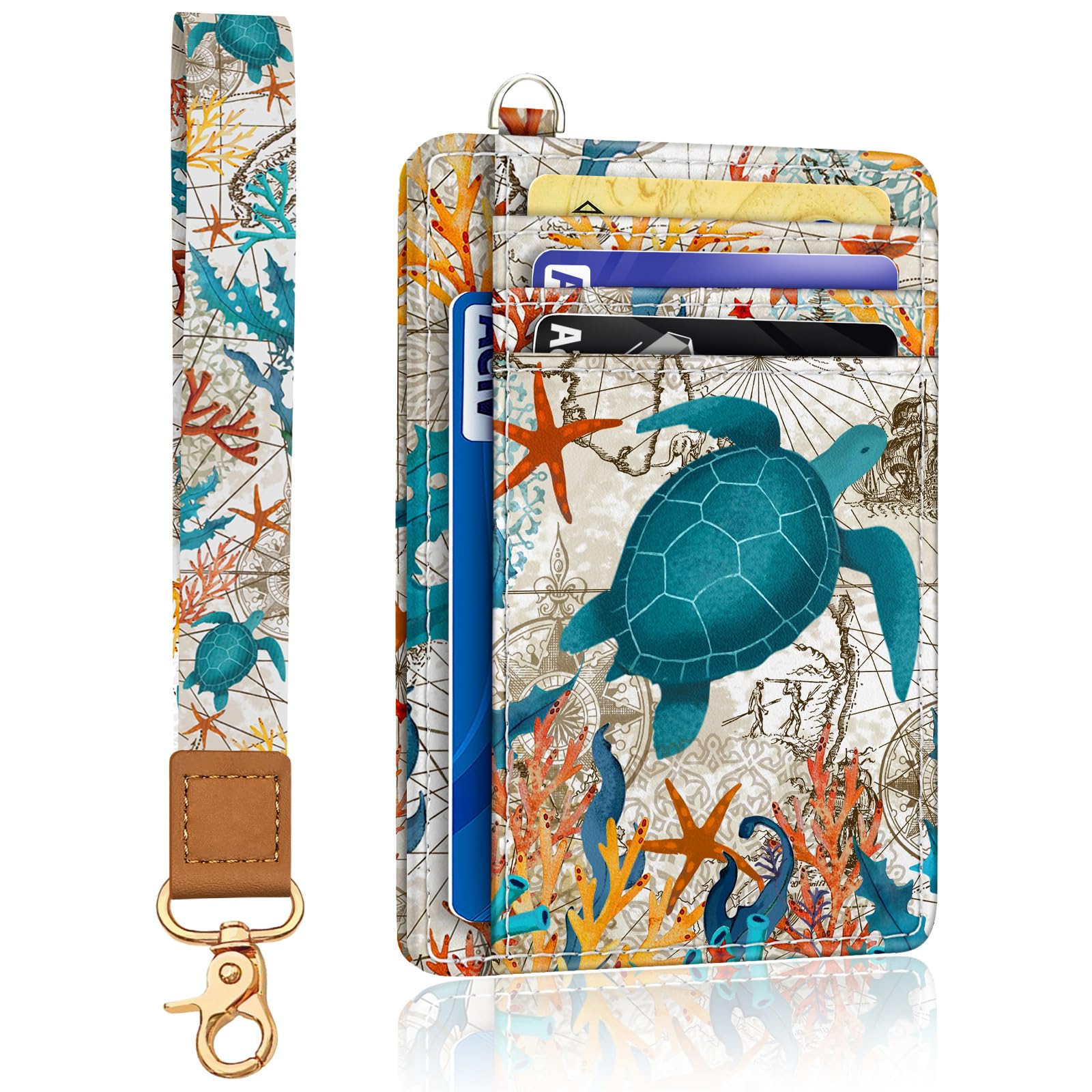 Yonlevres Sea Turtle Credit Card Holder Slim Wallet, RFID Wallet Women Front Pocket Wristlet Lanyard, Small Card Holder Travel Cute Thin ID Window PU Leather Funny Case Organizer Gifts Girls