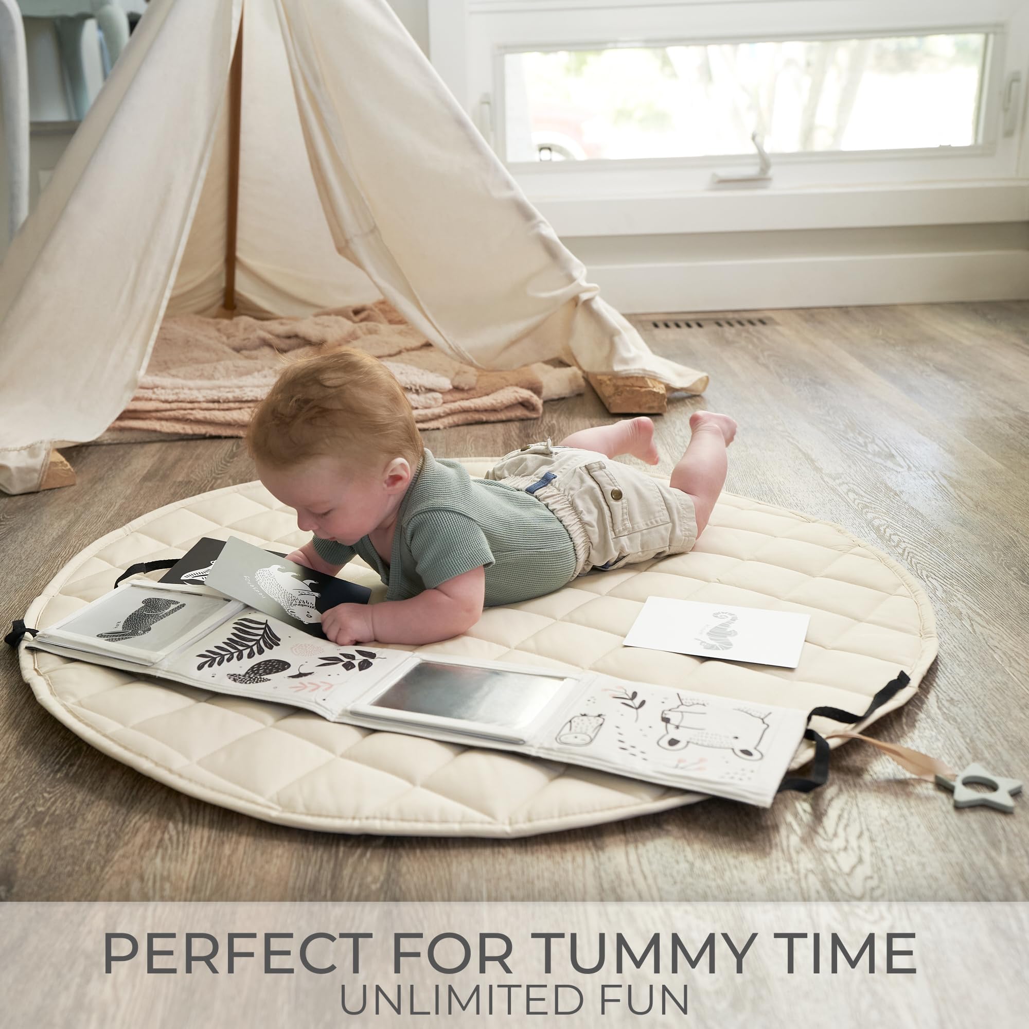 Soft Tummy Time Book w/ Stimulating Baby Safe Mirror - Fun Black and White Montessori Toy w/ Crinkle Filling & 20 High Contrast Designs - Perfect Newborn Toy For Safe and Early Infant Development