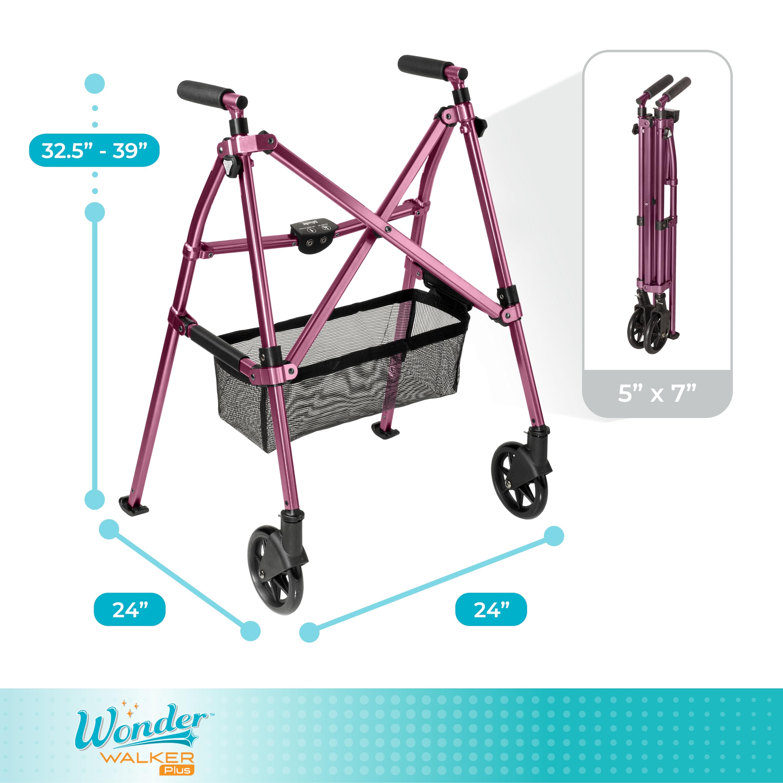 Stander Wonder Walker Plus, Lightweight Folding Mobility Aid for Adults, Seniors, and Elderly, Collapsible Travel EZ Fold-N-Go with Wheels, Glides, & Basket, Regal Rose