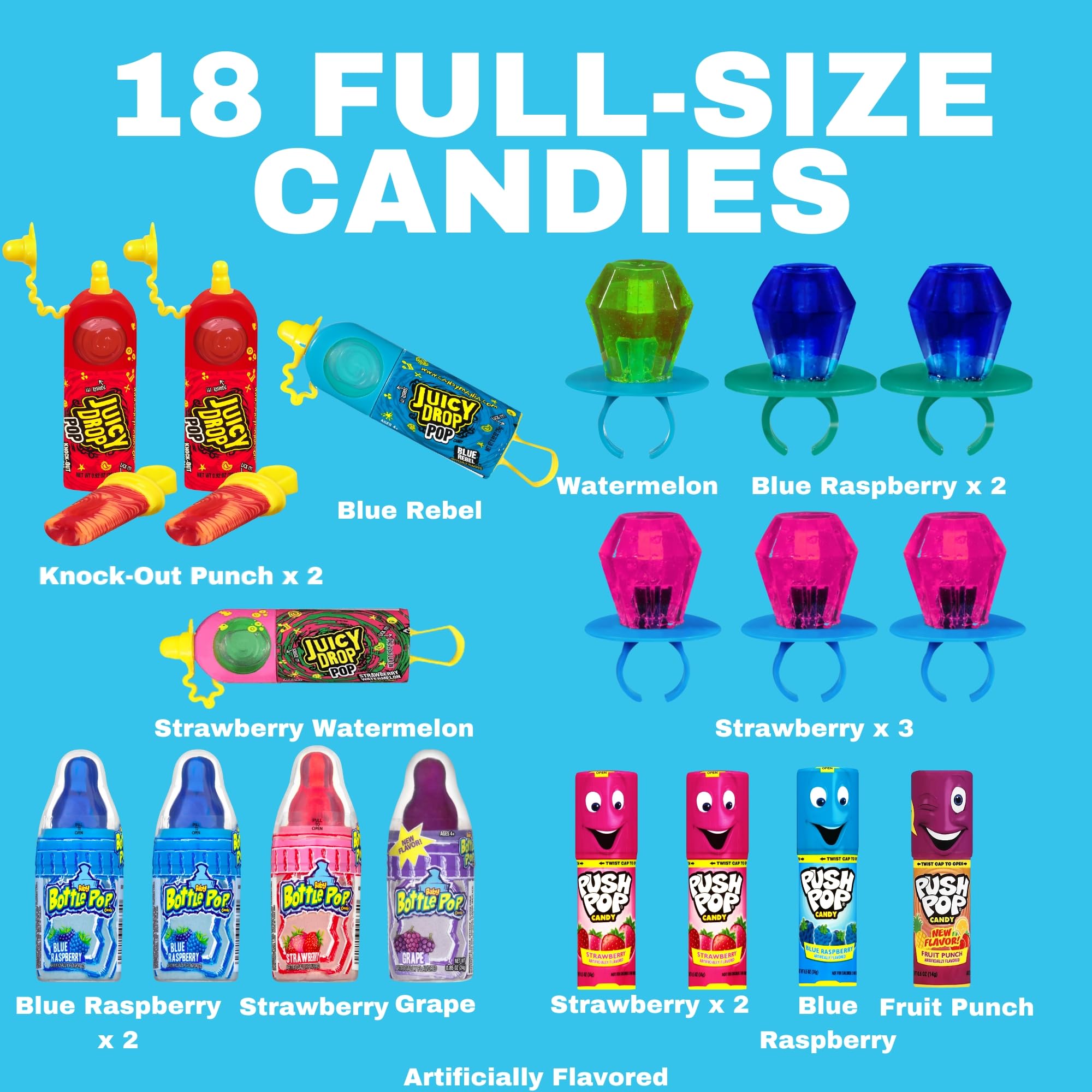 Candy Variety Pack - 18 Count Assorted Lollipops - Ring Pop, Push Pop, Baby Bottle Pop & Juicy Drop - Ideal for Birthdays, Party Favors, Celebrations & Candy Gifts by Bazooka Candy Brands