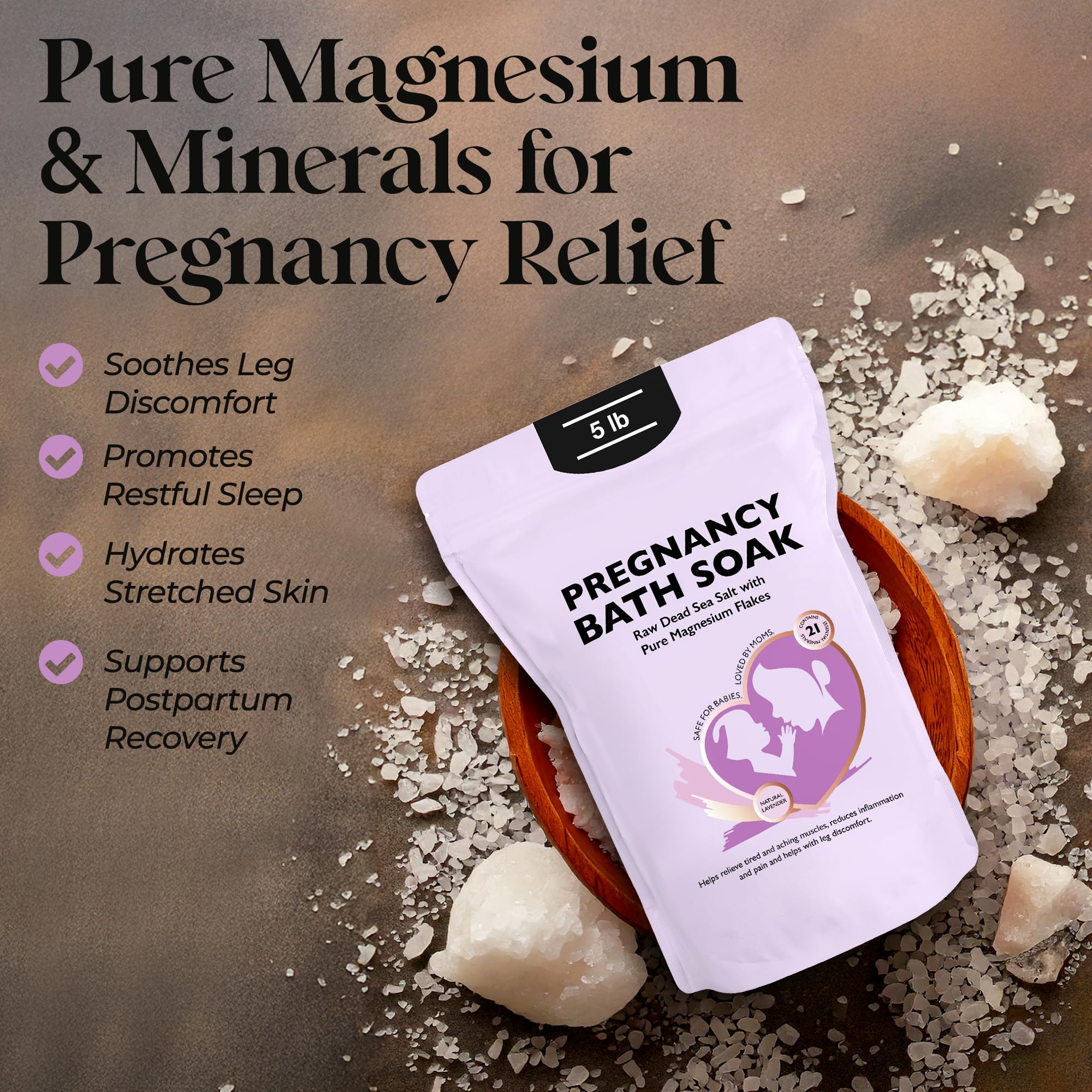 Aromasong Dead Sea Pregnancy Bath Soak 5 LB - Natural Lavender Pure Magnesium Flakes & Minerals - Pregnancy, Postpartum Muscle Ache & Leg Discomfort - Better Absorbs Than Epsom (Packaging May Vary)