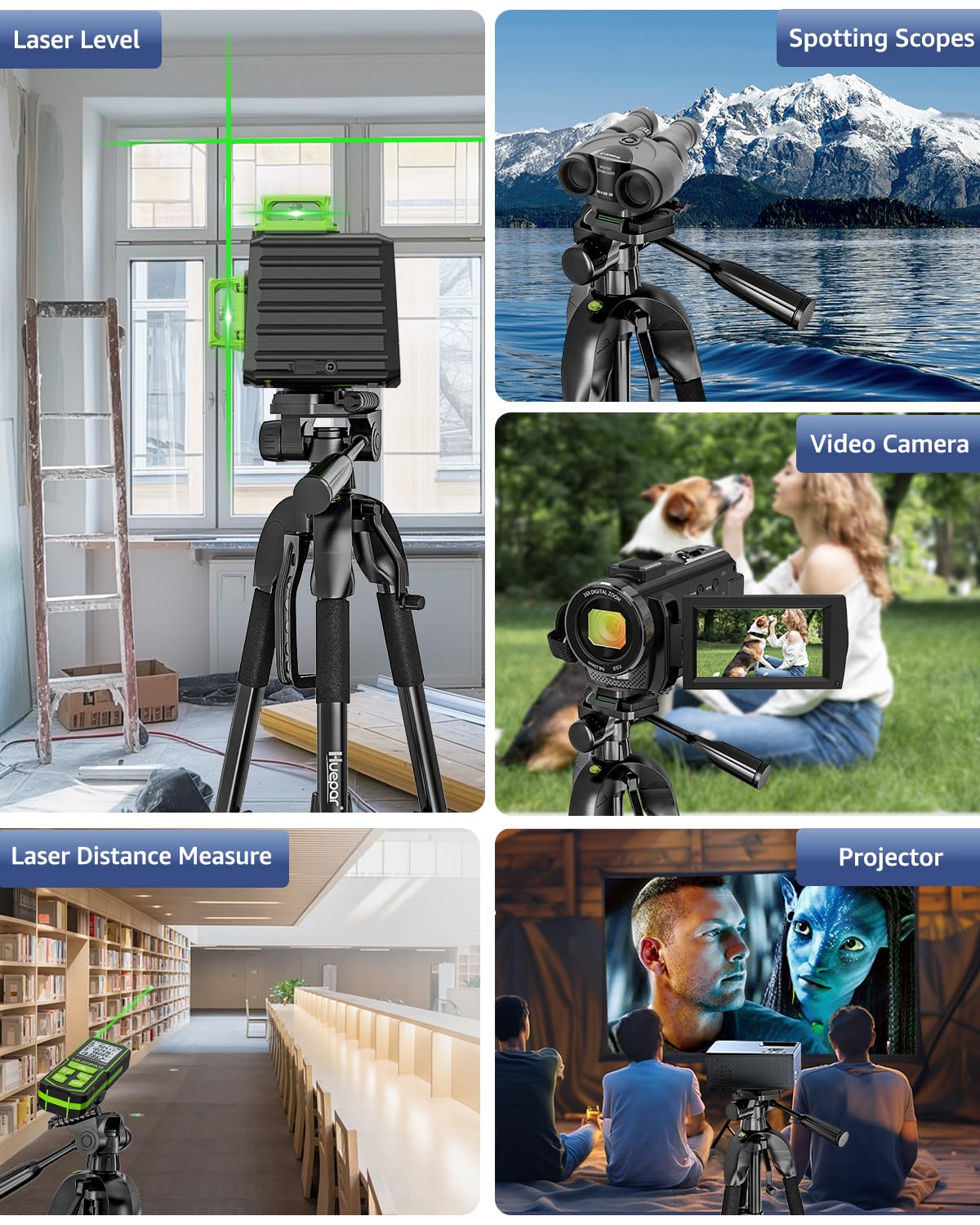 Laser Level Tripod, Huepar 56-inch Extendable Height Tripod Use with Line Lasers, Point Lasers, Laser Distance Measures, 1/4" and 5/8" Thread Mount, Multi-Function Hook, Non-Skid Feet, TPD14