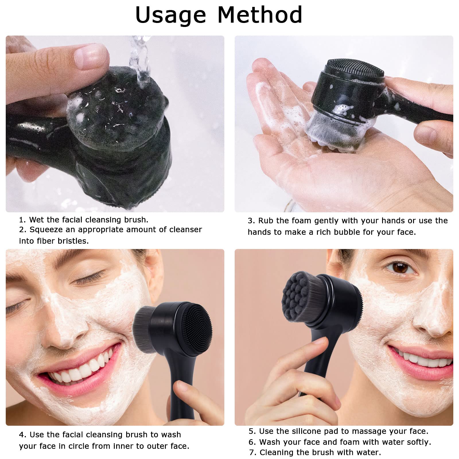 Beomeen Face Brush 2 in 1, Facial Cleansing Exfoliating Scrubber Brush, Silicone Double Side Manual Face Wash Scrub Brush with Soft Bamboo Charcoal Fiber for Deep Pore Cleansing, Massaging, Skin Care