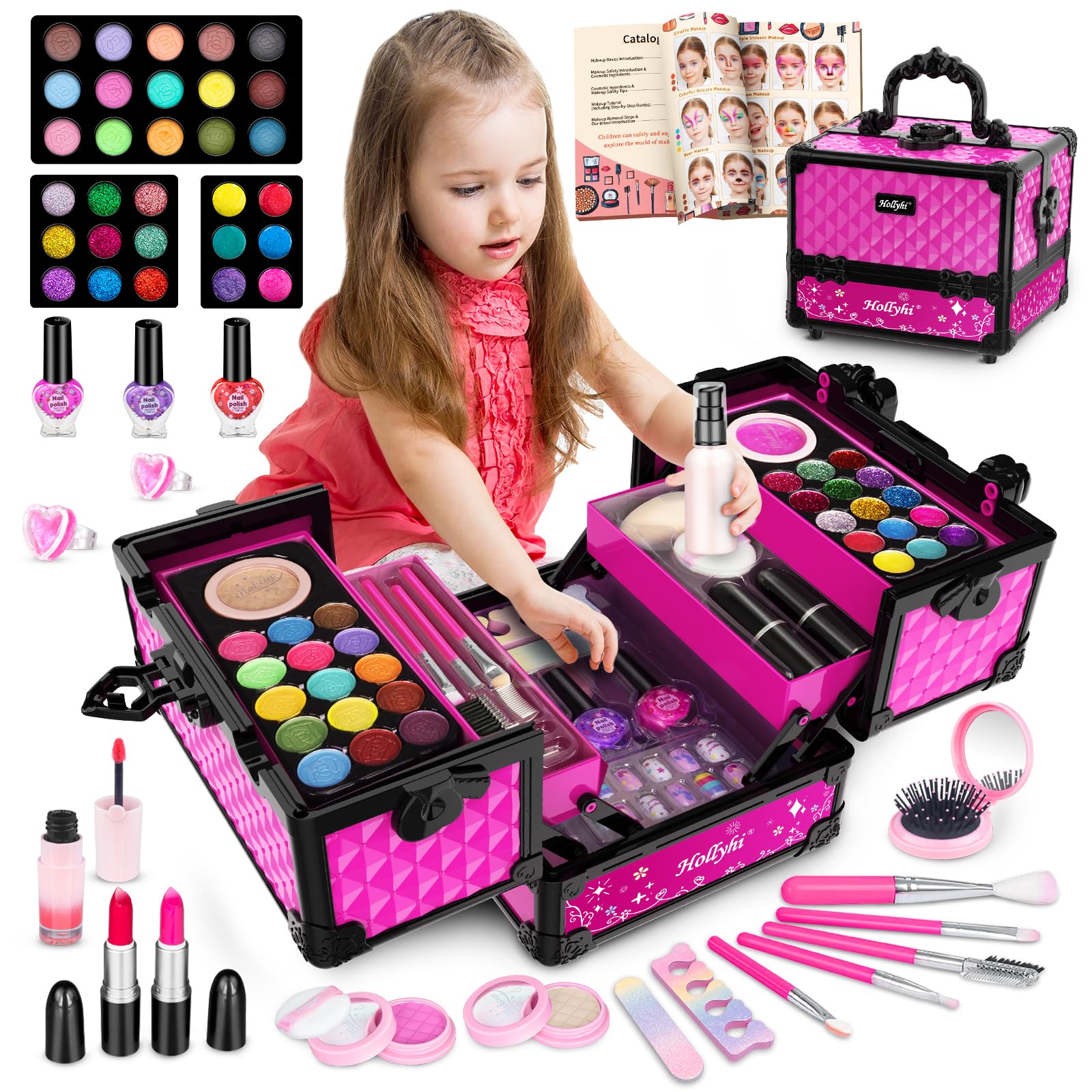 Hollyhi 59 Pcs Kids Makeup Kit for Girl, Washable Play Makeup Toys Set for Dress Up, Pretend Beauty Vanity Set with Cosmetic Case Birthday Toys for Girls 3 4 5 6 7 8 9 10 11 12 Year Old Kids Toddlers