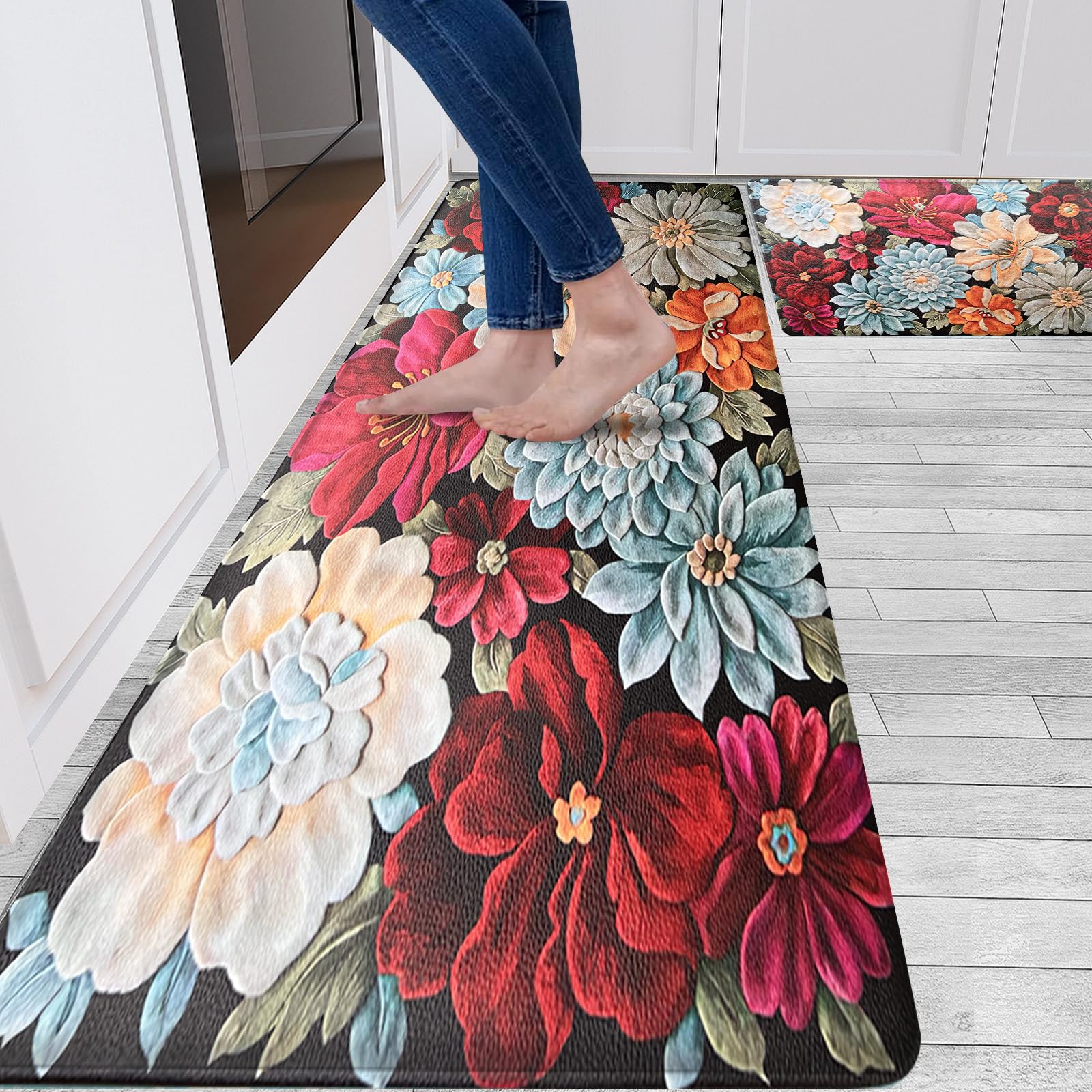 Sofort Kitchen Mats for Floor Cushioned Anti-Fatigue Kitchen Rugs, Set of 2 Boho Floral Kitchen Mats and Rugs, Non-Slip Waterproof Comfort Standing Mats for Kitchen, Laundry, Sink, Office