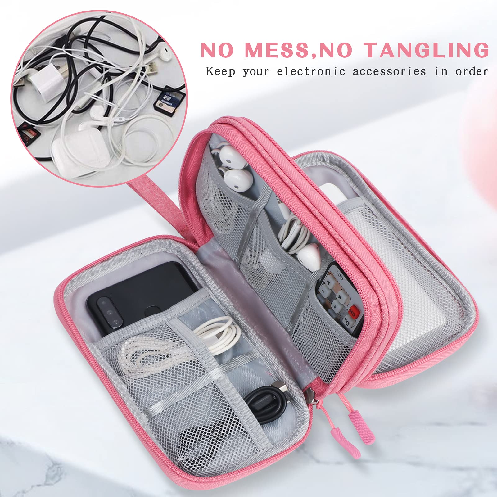 FYY Electronic Organizer, Travel Bag, Pouch, Carry Case Portable Waterproof Double Layers for Cable, Cord, Charger, Phone, Earphone Pink