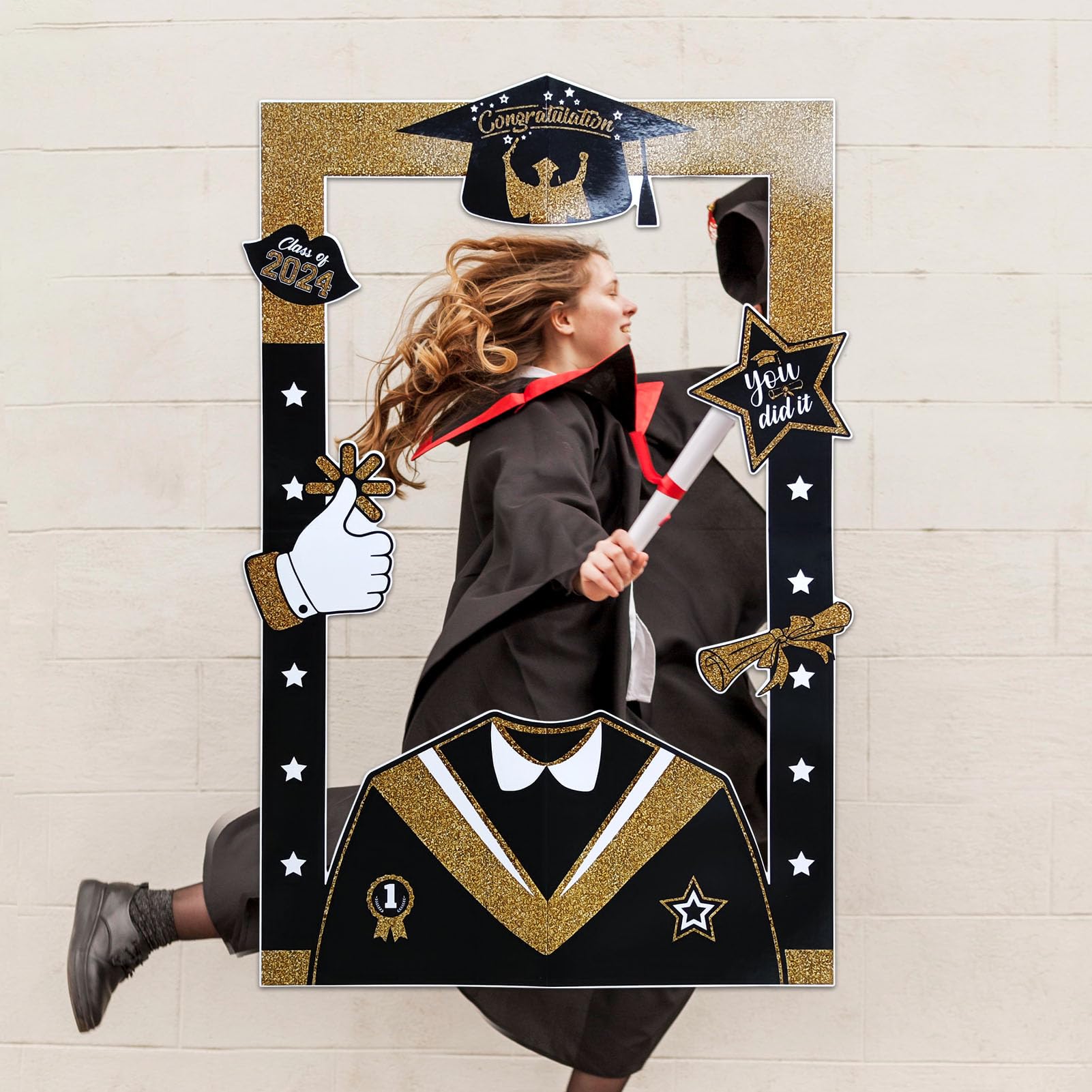 2024 Graduation Photo Props Frame Black and Gold Large Size High School College Graduation Selfie Favors Decorations Party Supplies