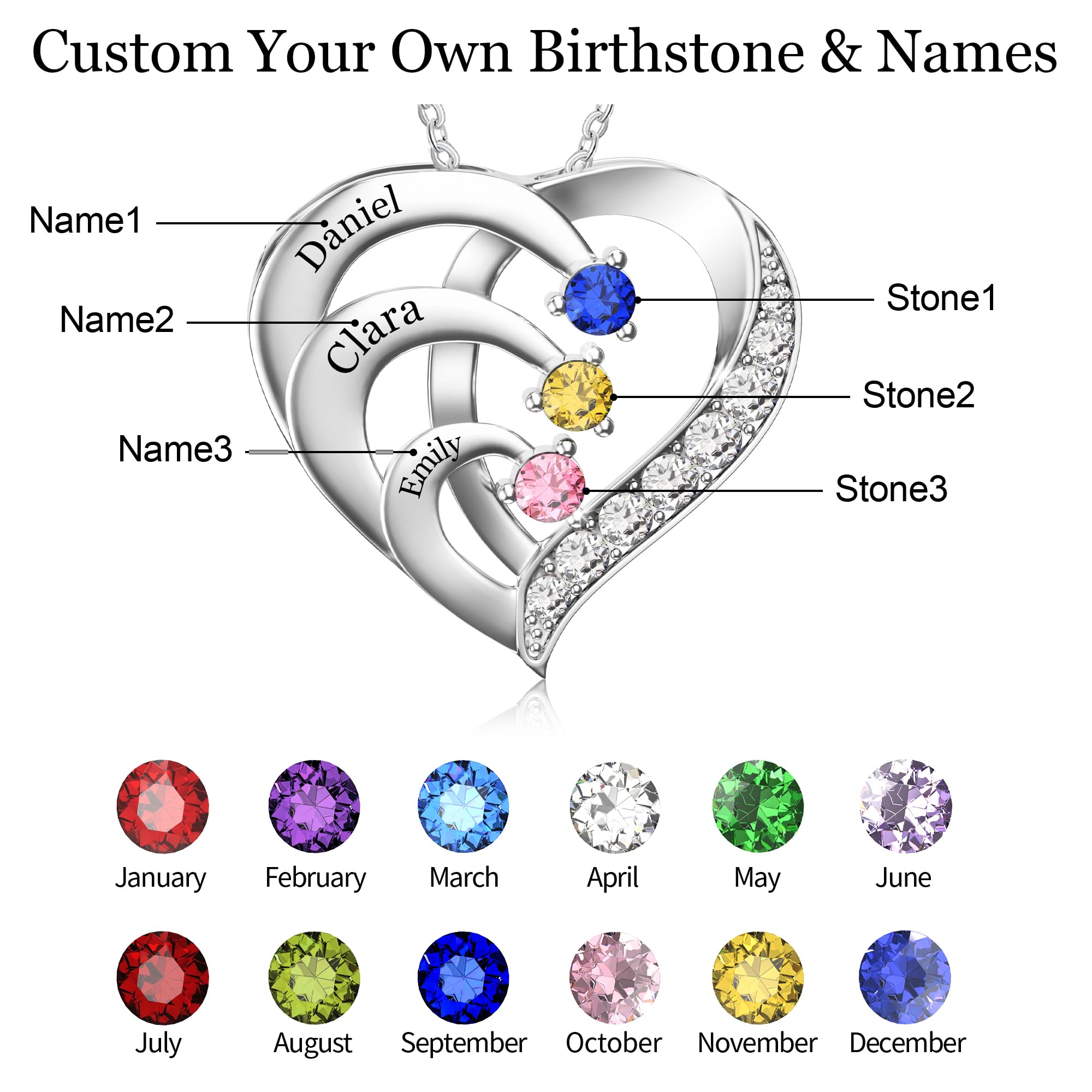 Easycosy Personalized 3 Names Necklace with Simulated Birthstones Custom Promise Necklace Heart Pendant with Engraved Names - Anniversary Birthday Christmas Jewelry Gifts for Women Mom Grandma Wife