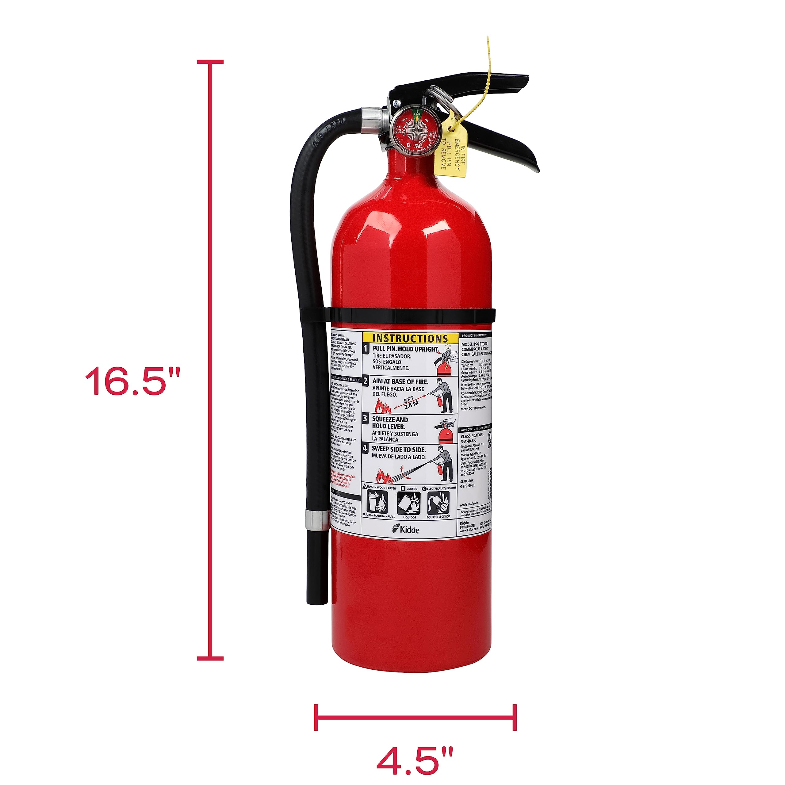 Kidde Fire Extinguisher for Commercial Use, 3-A:40-B:C, 9 Lbs., Refillable & Reusable, Hose & Wall Mount (Included)