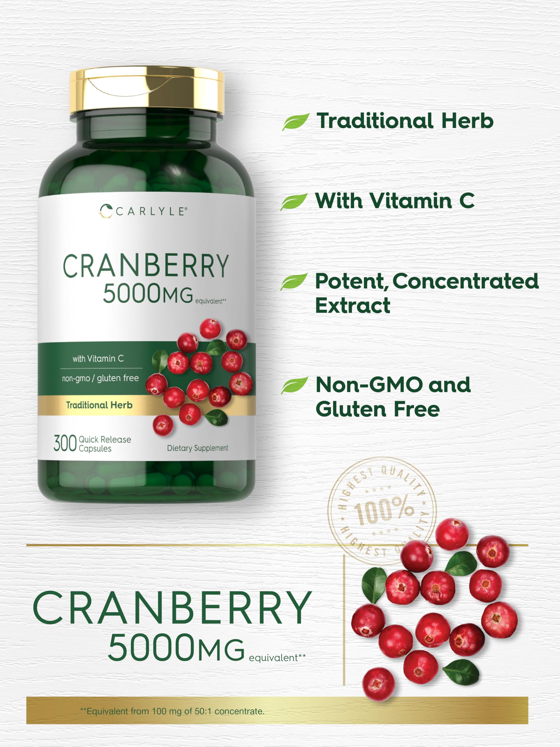 Carlyle Cranberry Pills 5000mg | 300 Capsules | with Vitamin C | Non-GMO, Gluten Free