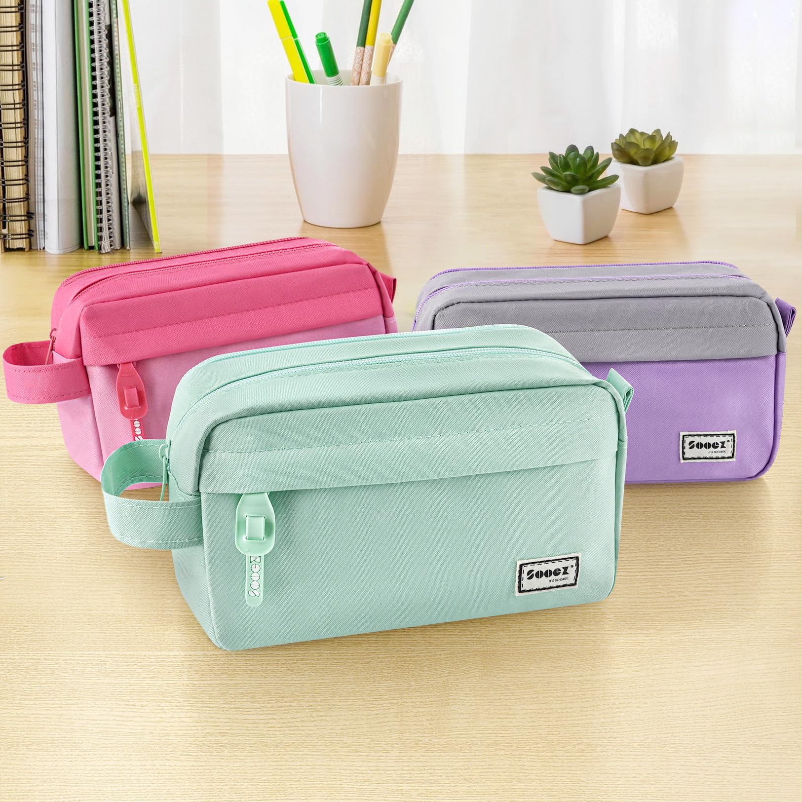 Sooez 𝐎𝐫𝐢𝐠𝐢𝐧𝐚𝐥 High Capacity Pencil Case, Big Pencil Bag Pouch Box Organizer Pen Case, Portable Journaling Supplies with Easy Grip Handle & Loop, Aesthetic Supply for Girls Adults, Mint Green