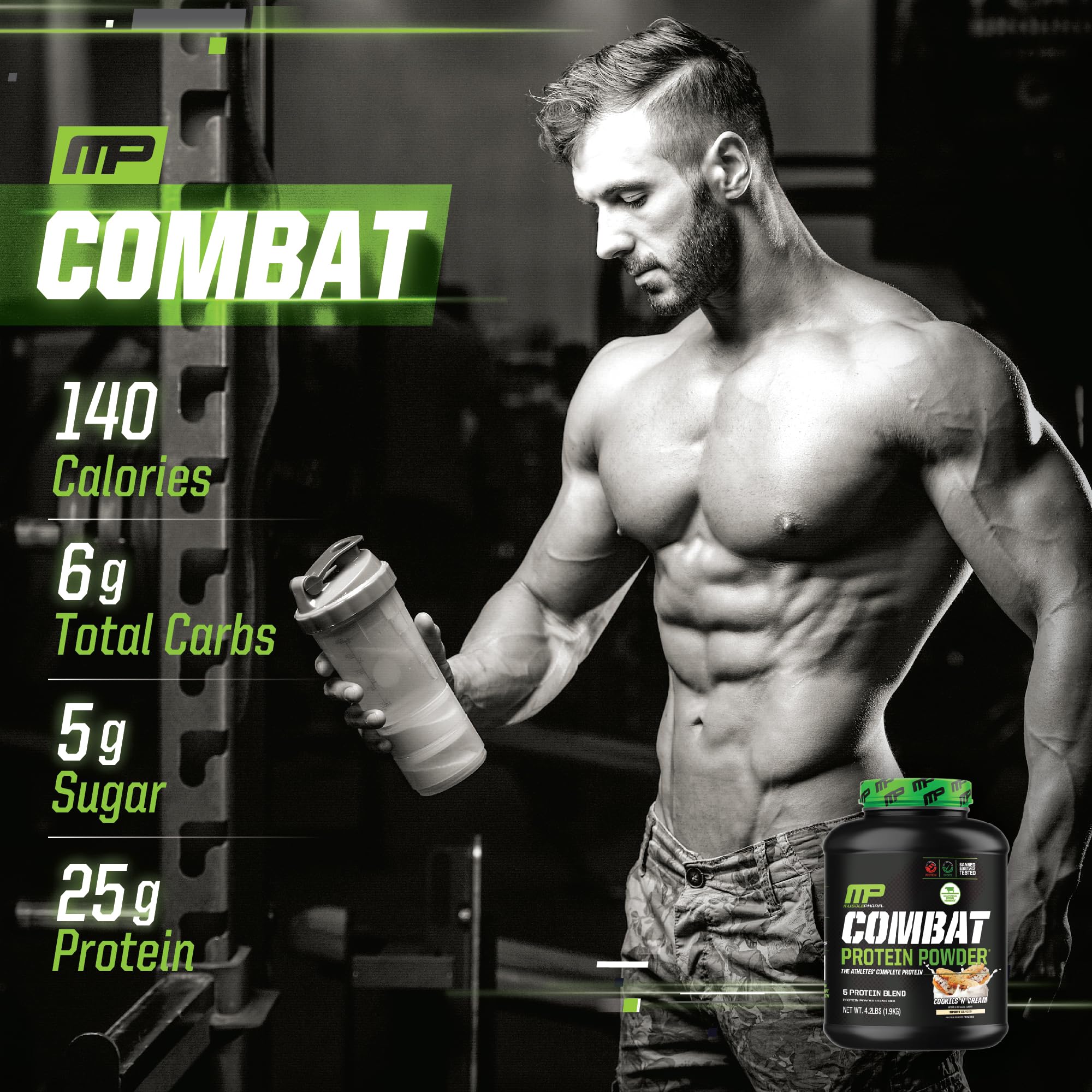 MusclePharm Combat Protein Powder, Cookies ‘N’ Cream Flavor, Fuels Muscles for Productive Workouts, 5 Protein Sources including Whey Protein Isolate & Egg Albumin, Gluten Free, 4 lb, 52 Servings