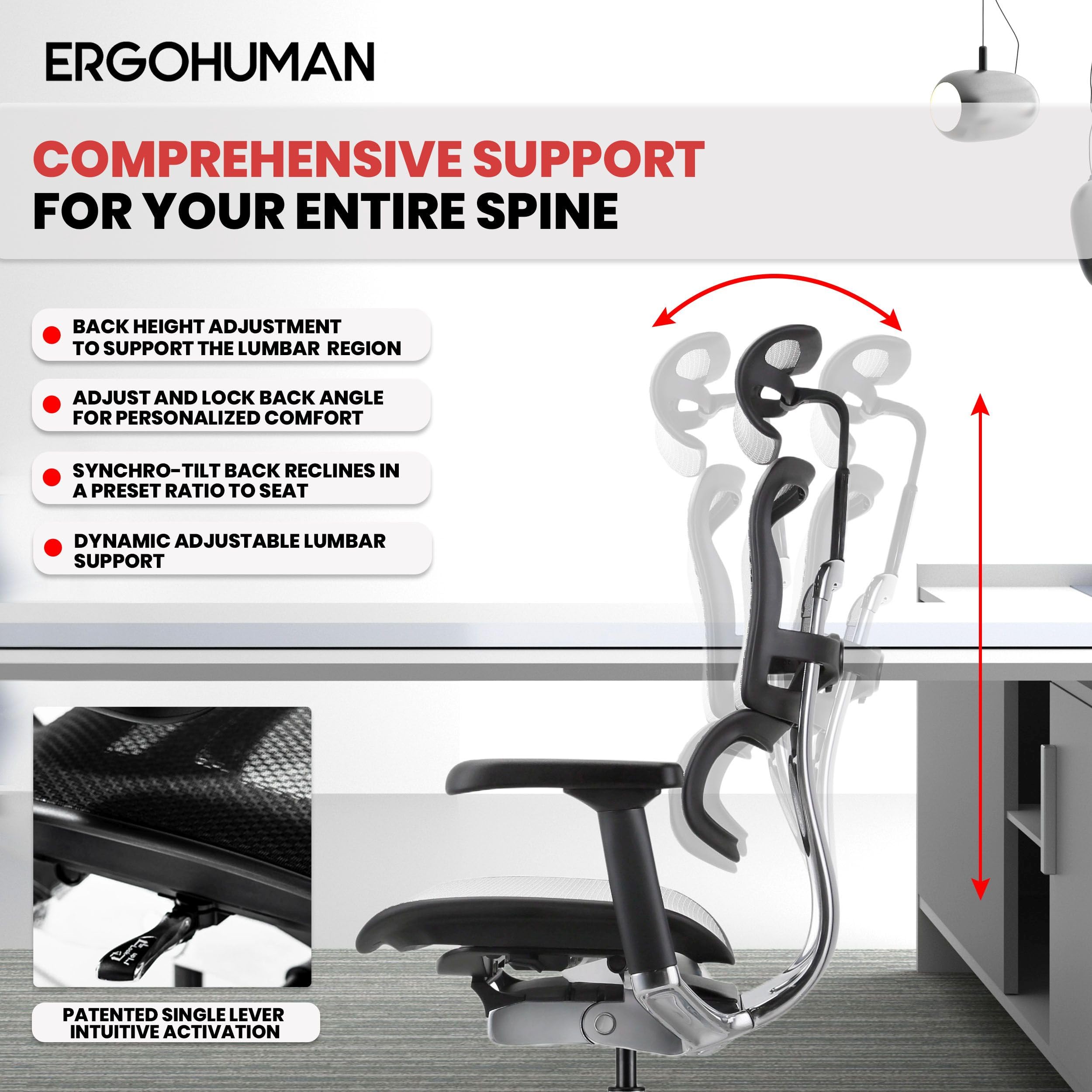 Ergohuman Eurotech GEN2 High Back, Mesh Executive Office Chair with Adjustable Lumbar Support – Ergonomic Tilt Control, Seat Slider, Armrests and Headrest Adjustment, Grey