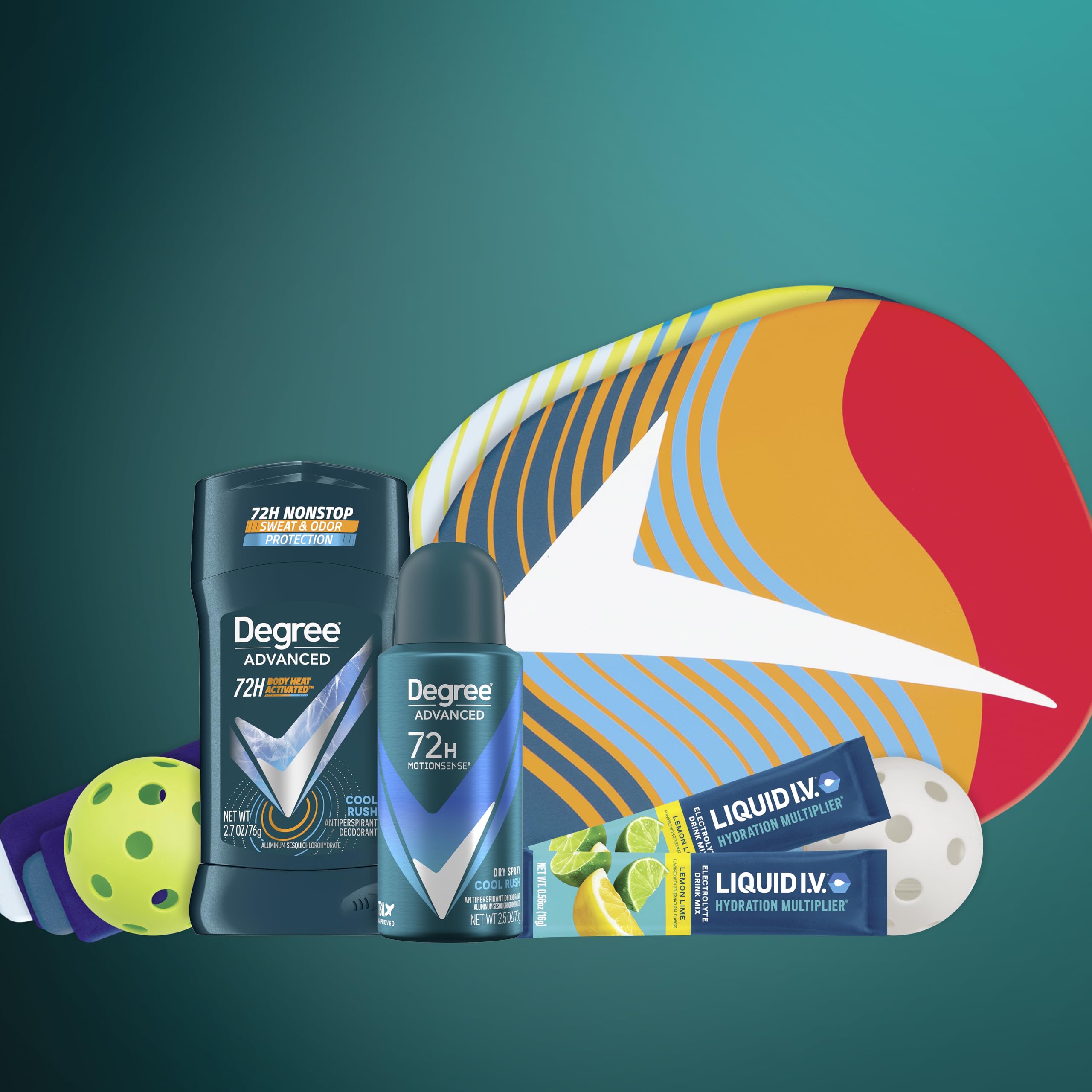 Degree Pickleball Set, Gifts for Men – Men’s Cool Rush MotionSense 72H Antiperspirant Deodorant & Dry Spray, Liquid IV Hydration 2-Pack + Pickleball Paddles and Balls (6 Piece Set)