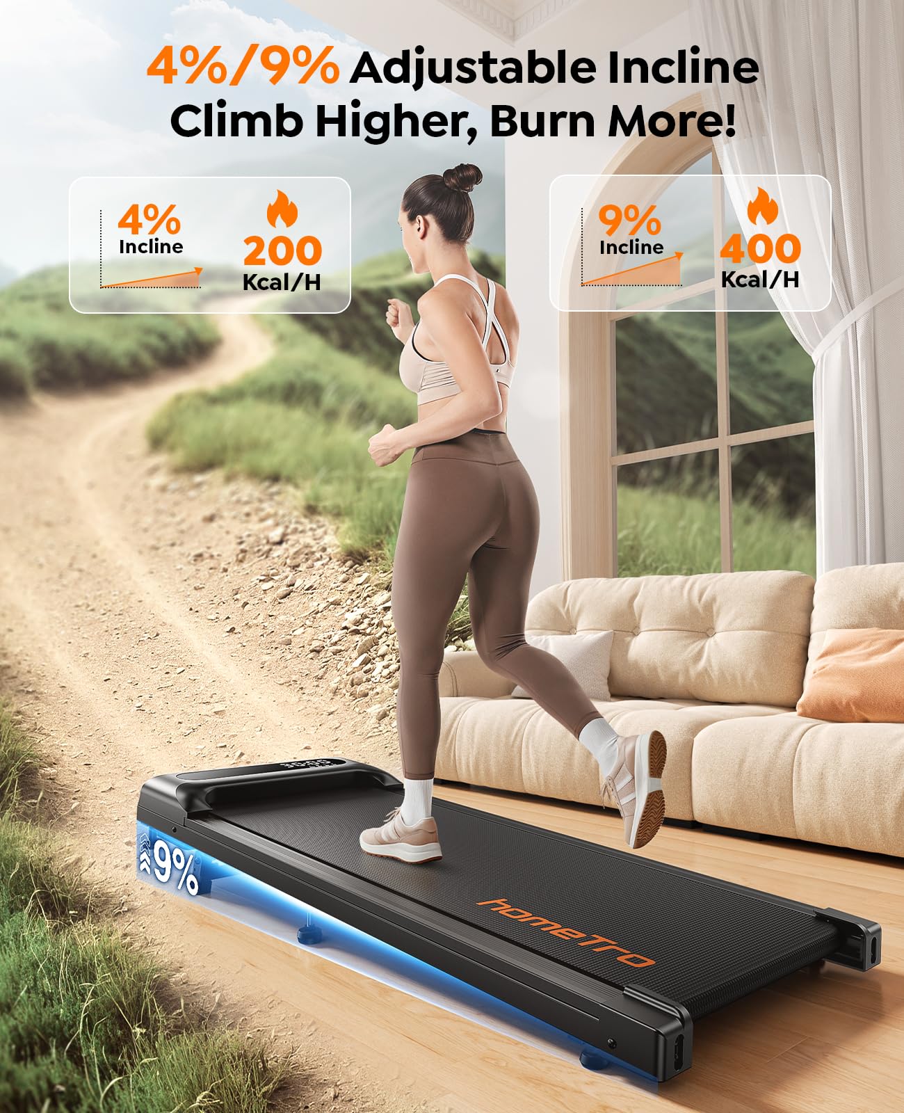 homeTro 3.0HP Walking Pad with 9% Incline, 0.6-5 MPH, Compact & Portable Under Desk Treadmill for Home/Office, Maximum 265lbs Capacity, Remote, APP Control, for Jogging/Running, Assemble Free, Red