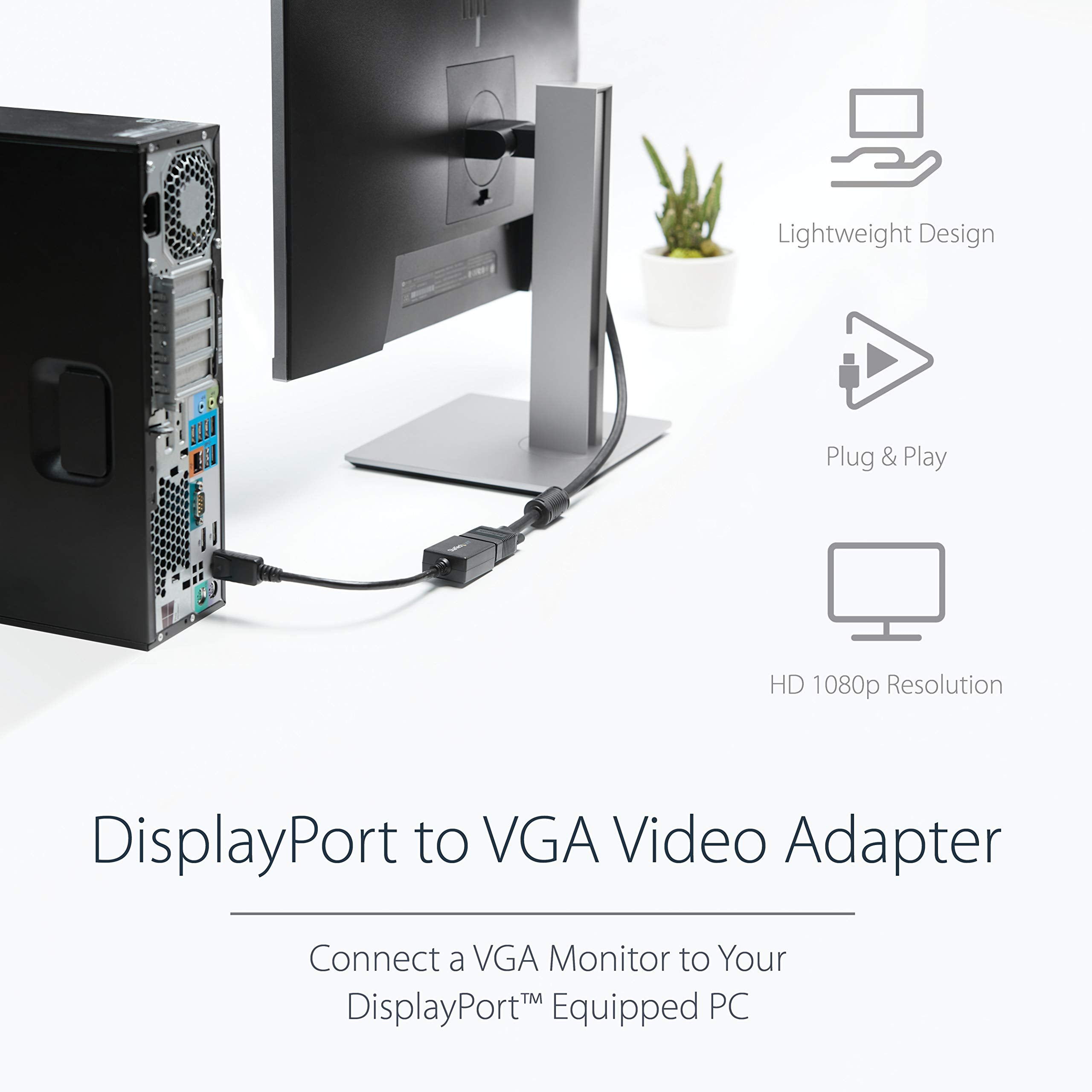 StarTech.com DisplayPort to VGA Adapter - Active DP to VGA Converter - 1080p Video - DisplayPort Certified - DP/DP++ Source to VGA Monitor Cable Adapter Dongle - Latching DP Connector (DP2VGA2)