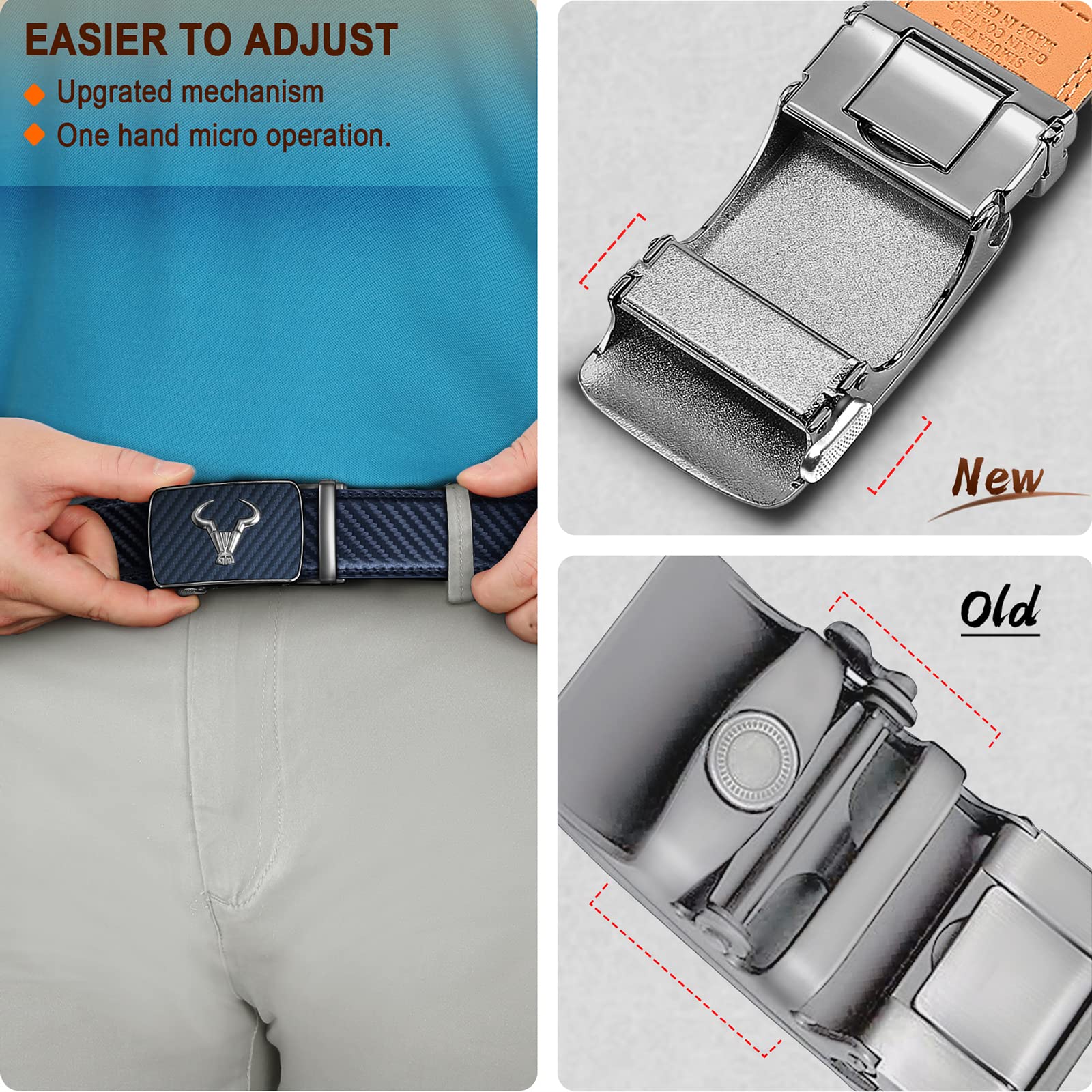 BULLIANT Men belt 2Pack,Leather Ratchet Belt for Gift Men Dress Casual Jeans 1 3/8",Cut for Fit(Black/Purplish Blue,32"-38" Waist Adjustable)