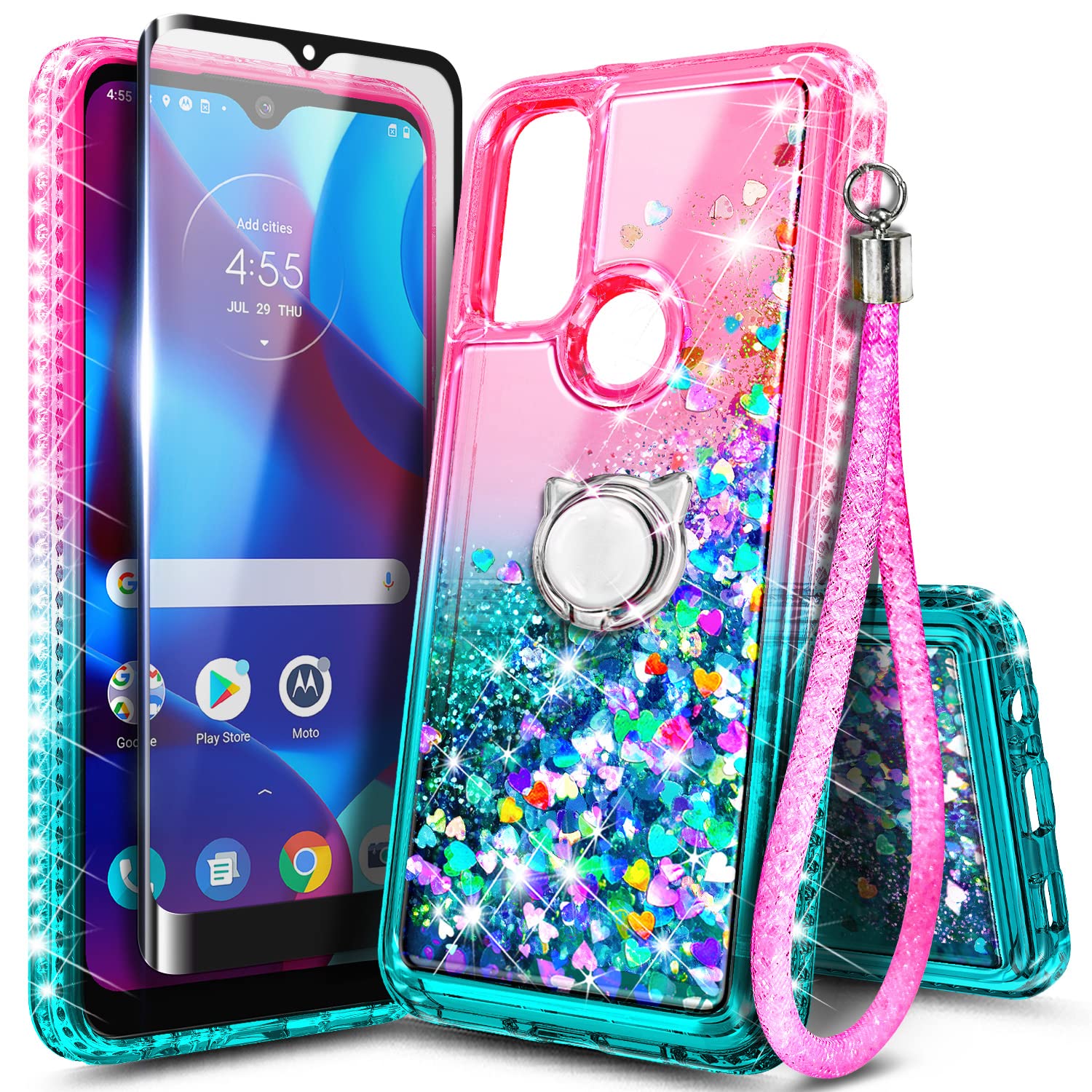 NZND Case for Motorola Moto G Pure/Moto G Play 2023/ Power 2022 with Tempered Glass Screen Protector, Ring Holder/Wrist Strap, Glitter Floating Liquid Waterfall Girls Cute Phone Case (Pink/Aqua)