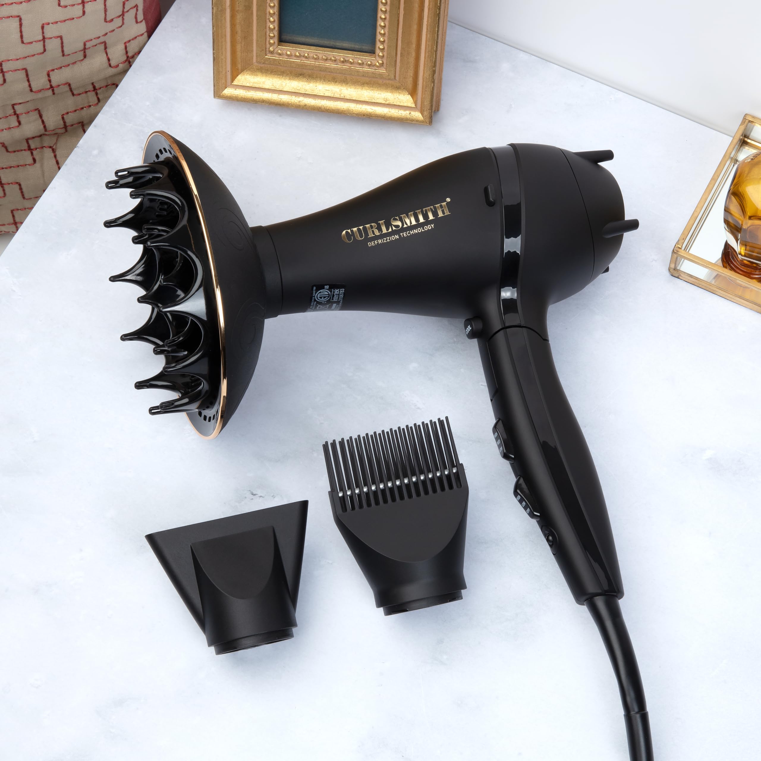 Curlsmith - Defrizzion Travel Hair Dryer with Large Diffuser, for Curly Hair, Reduce Frizz, 3 Speeds, 3 Heat Settings, Infared, Ceramic Heat for Fast Drying