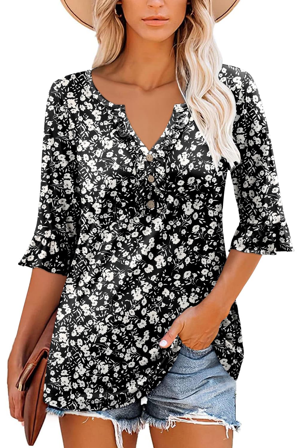 BETTE BOUTIK tunic shirts for women pleated plus size flowy shirts v neck women short sleeve shirt BlackWhite Large