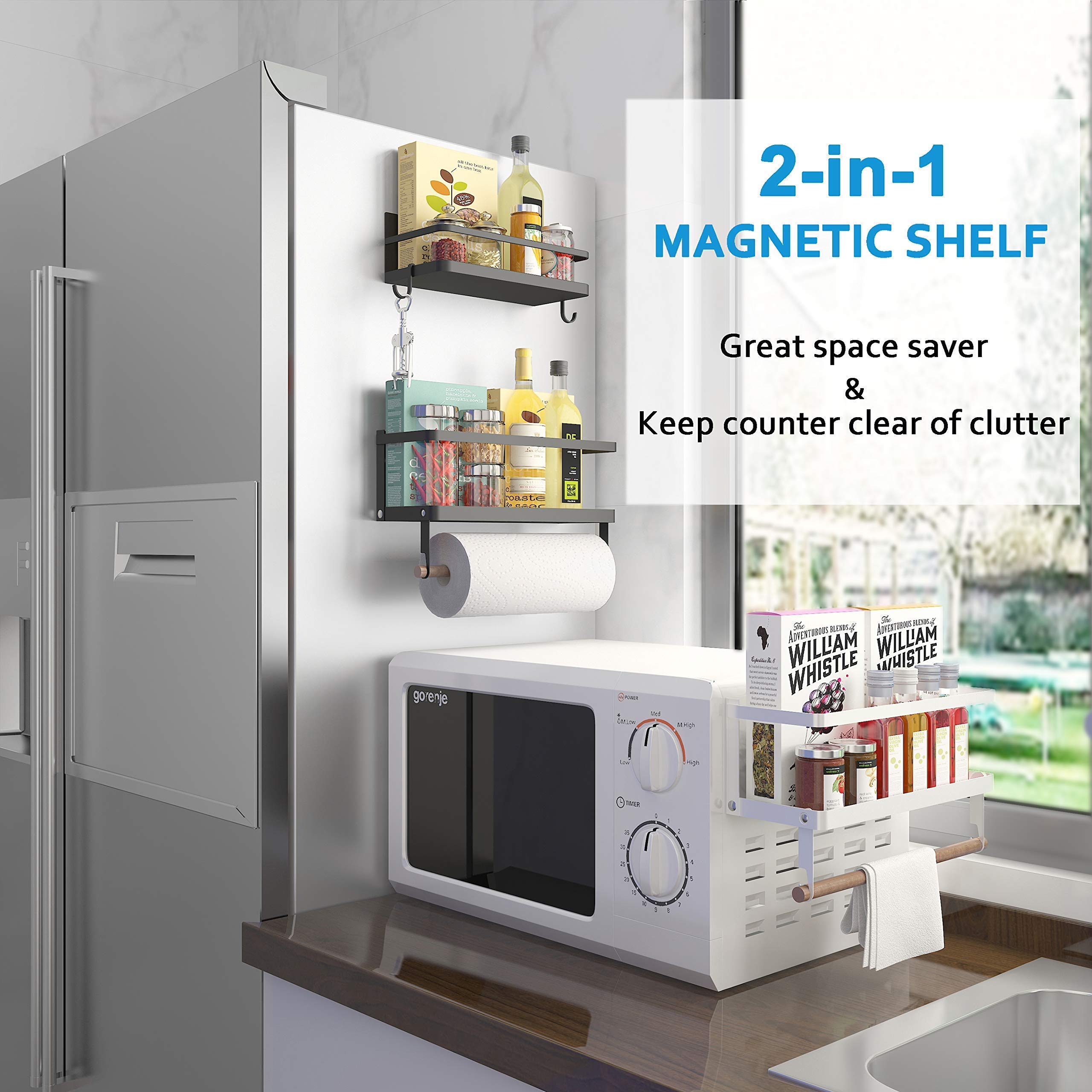 Thipoten Magnetic Spice Rack, 2-in-1 Foldable Strong Magnetic Shelf with Paper Towel Holder, Perfect Space Saver for Small Kitchen/Apartment, Easy to Install on the Side of Refrigerator(Black)