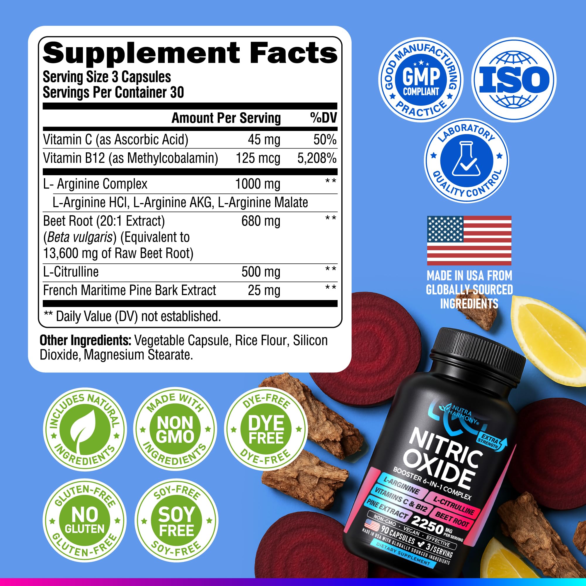 Nitric Oxide Supplement for Men & Women 2250 mg - Nitric Oxide Booster - Pine Bark | L-Arginine | L-Citrulline | Beet Root | Vitamin C & B12 - Muscles, Energy & Circulation - Made in USA, 90 Capsules