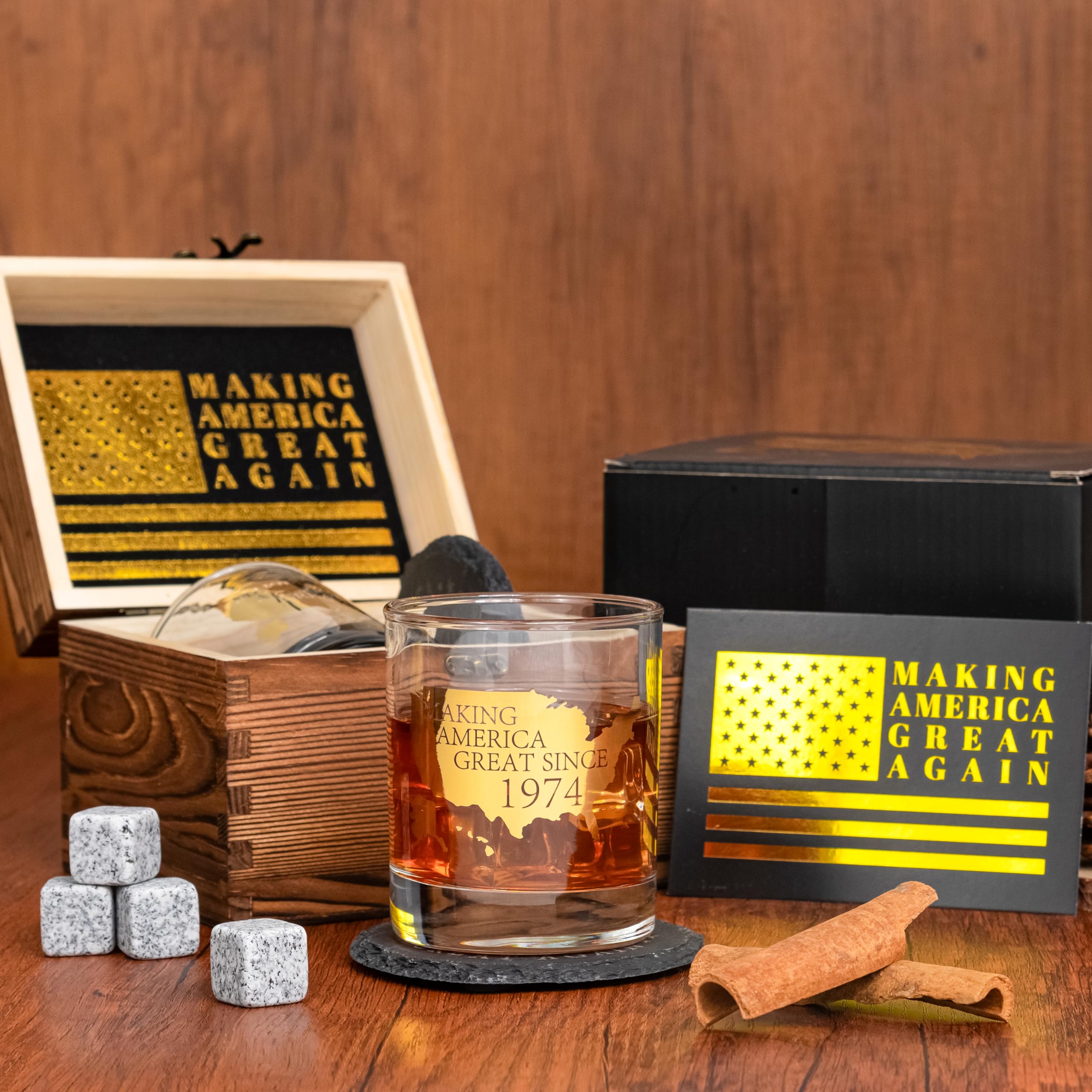 Crisky 50th Birthday Bourbon Whiskey Glass & Stones 50th Birthday Gift for Men Making XX Great Since 1974 Includes One Crystal Whisky Glass, 4 Chilling Stones, 1 Slate Coaster in Luxury Wooden Box