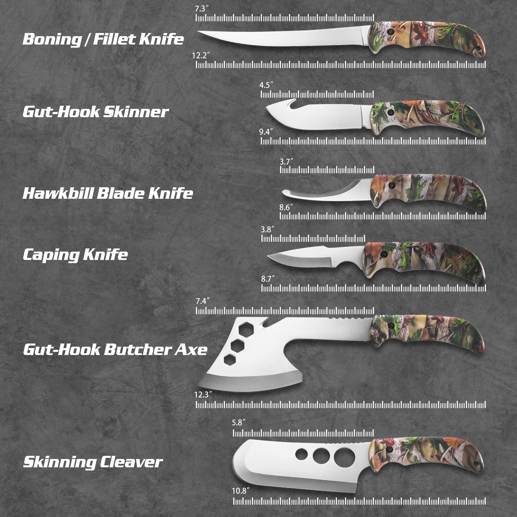 KNINE OUTDOORS Hunting Deer Knife Set Field Dressing Kit Forest Portable Butcher Game Processor Set, 12 Pieces