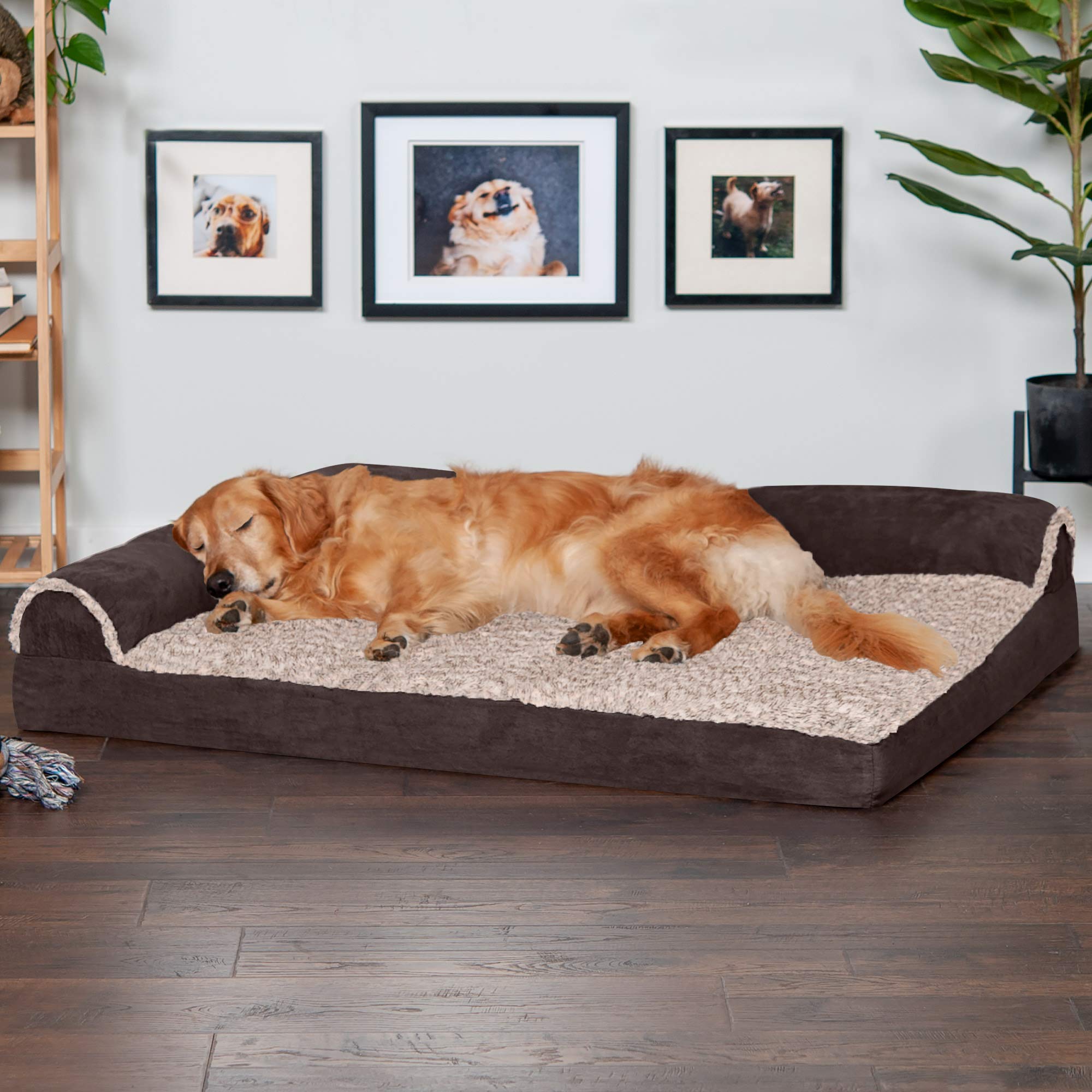 Furhaven Orthopedic Dog Bed for Large Dogs w/ Removable Bolsters & Washable Cover, For Dogs Up to 95 lbs - Two-Tone Plush Faux Fur & Suede L Shaped Chaise - Espresso, Jumbo/XL