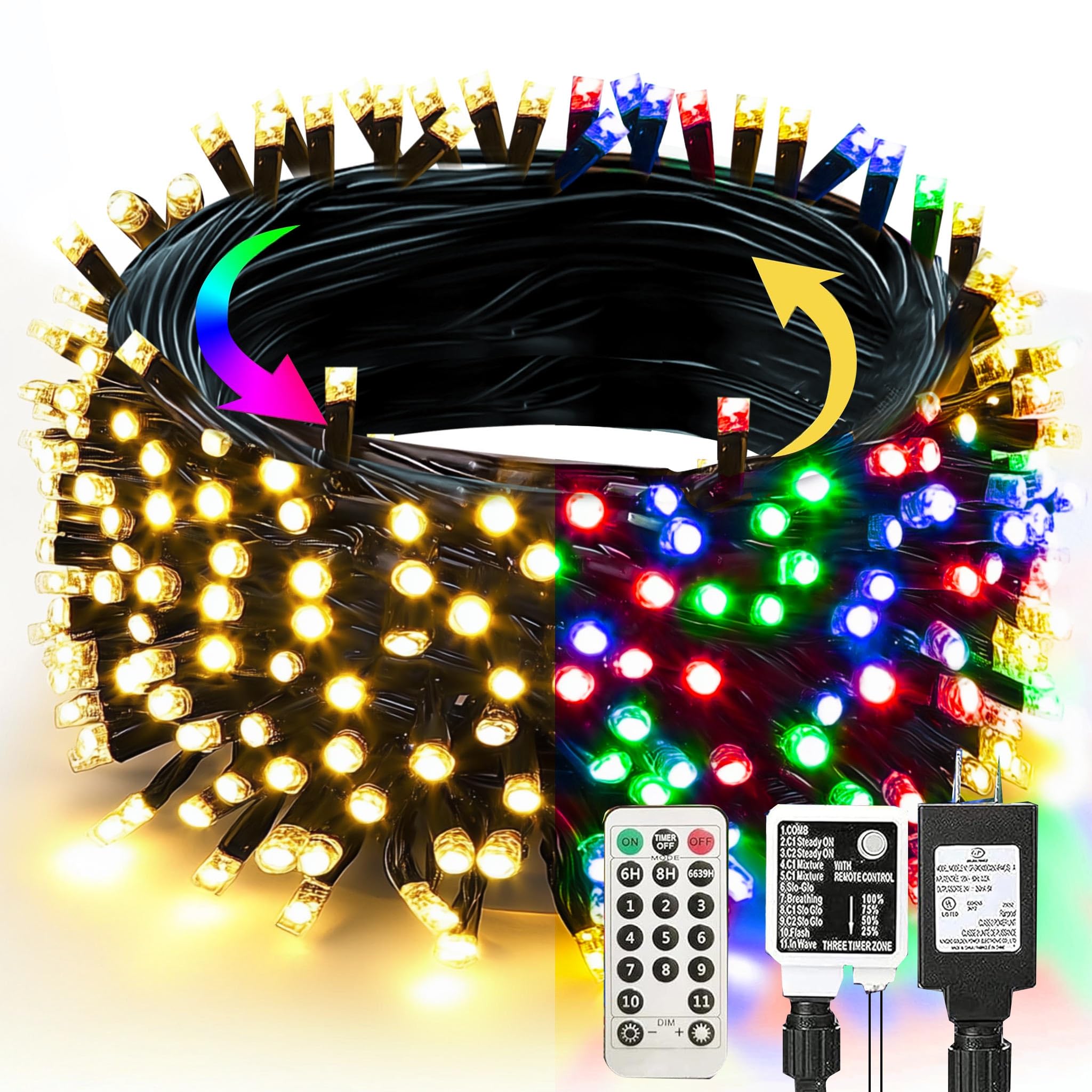 TW SHINE 66FT 200 LED Color Changing Christmas Lights, Warm White & Multi Color Waterproof String Lights with 11 Functions, Remote Christmas Decorations for Indoor Outdoor Party Wedding Garden Decor