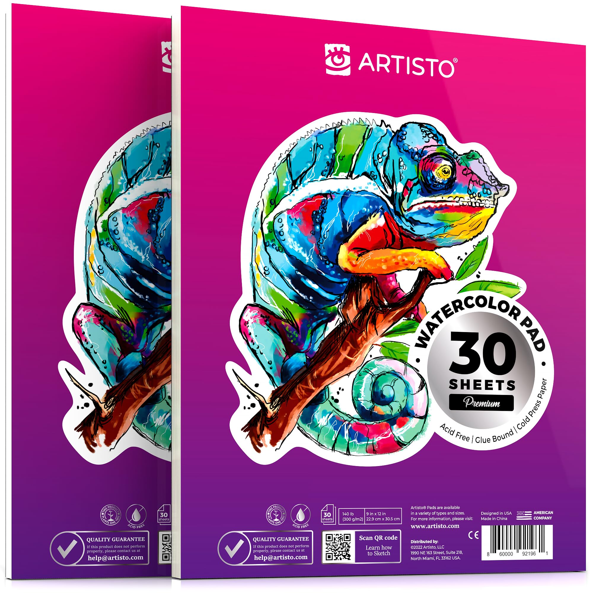 ARTISTO Watercolor Pads 9x12”, Pack of 2 (60 Sheets), Glue Bound, Acid-Free Paper, 140lb (300gsm), Perfect for Most Wet & Dry Media, Ideal for Beginners, Artists & Professionals