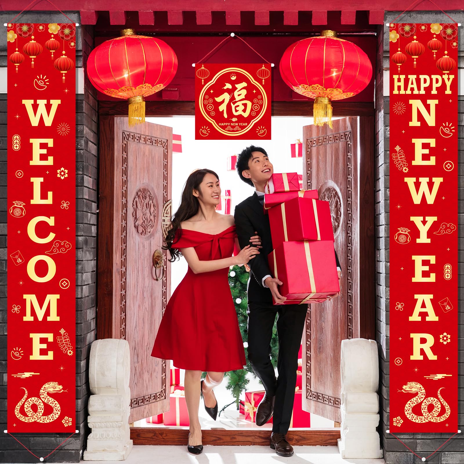 2025 Chinese New Year Decorations Set, Lunar New Year Decor Couplet Chunlian Fu Character New Year Porch Sign Window Decor Red Lanterns Red Envelope for Spring Home Office Festival Party Decorations