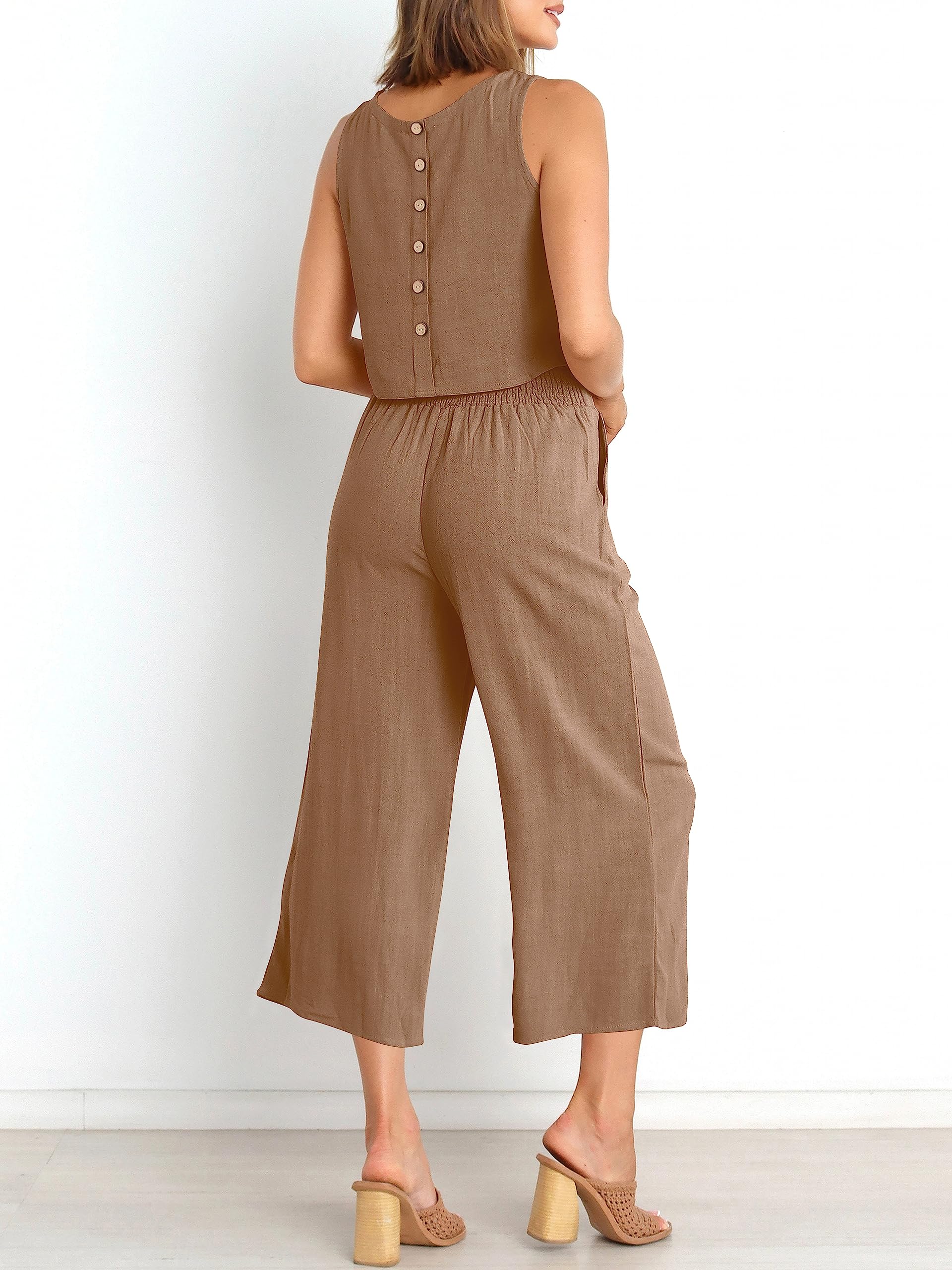 ANRABESS Women's Summer 2 Piece Outfits Sleeveless Crop Top Capri Wide Leg Pants Jumpsuit Casual Linen Lounge Matching Sets Beach Travel 2024 Trendy Clothes Light Brown Medium