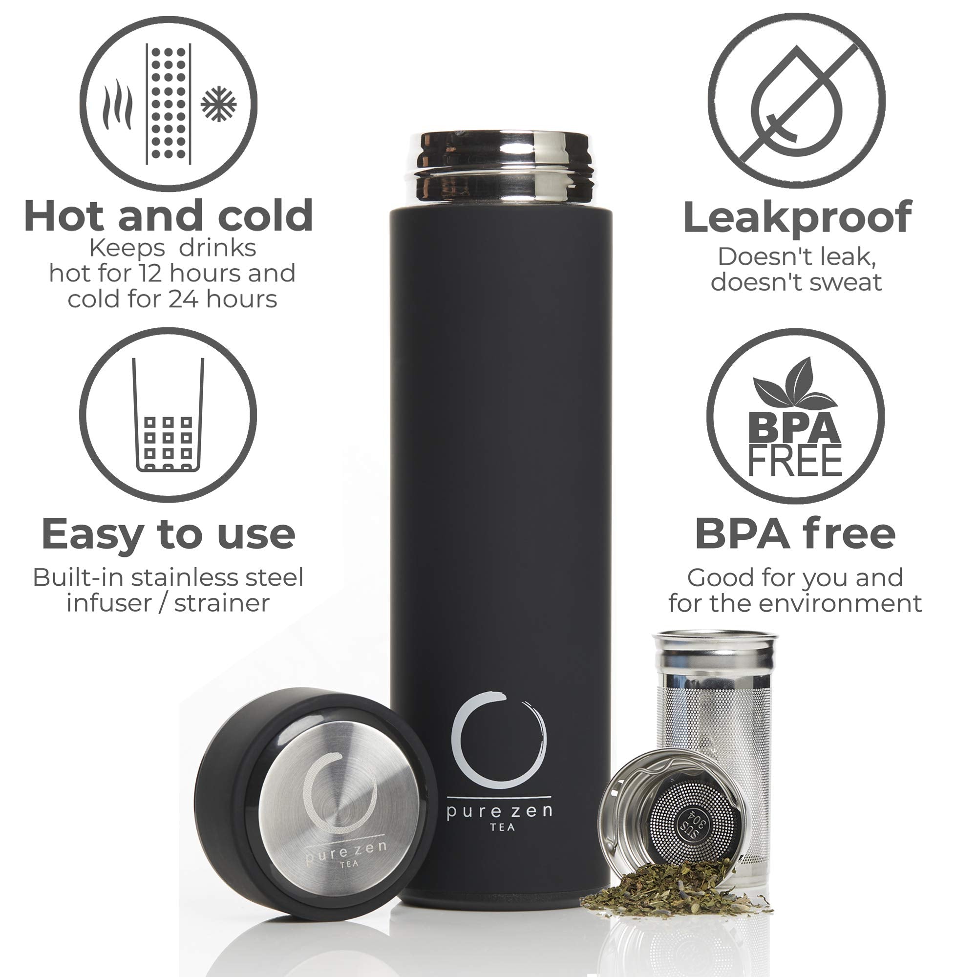 Pure Zen Tea Thermos with Infuser for Tea, Coffee and Fruit-Infused Water - Stainless Steel - Tea Infuser Bottle - Tea Tumbler with Infuser - Leakproof Tea Bottle - Travel Tea Mug - 15oz - Black