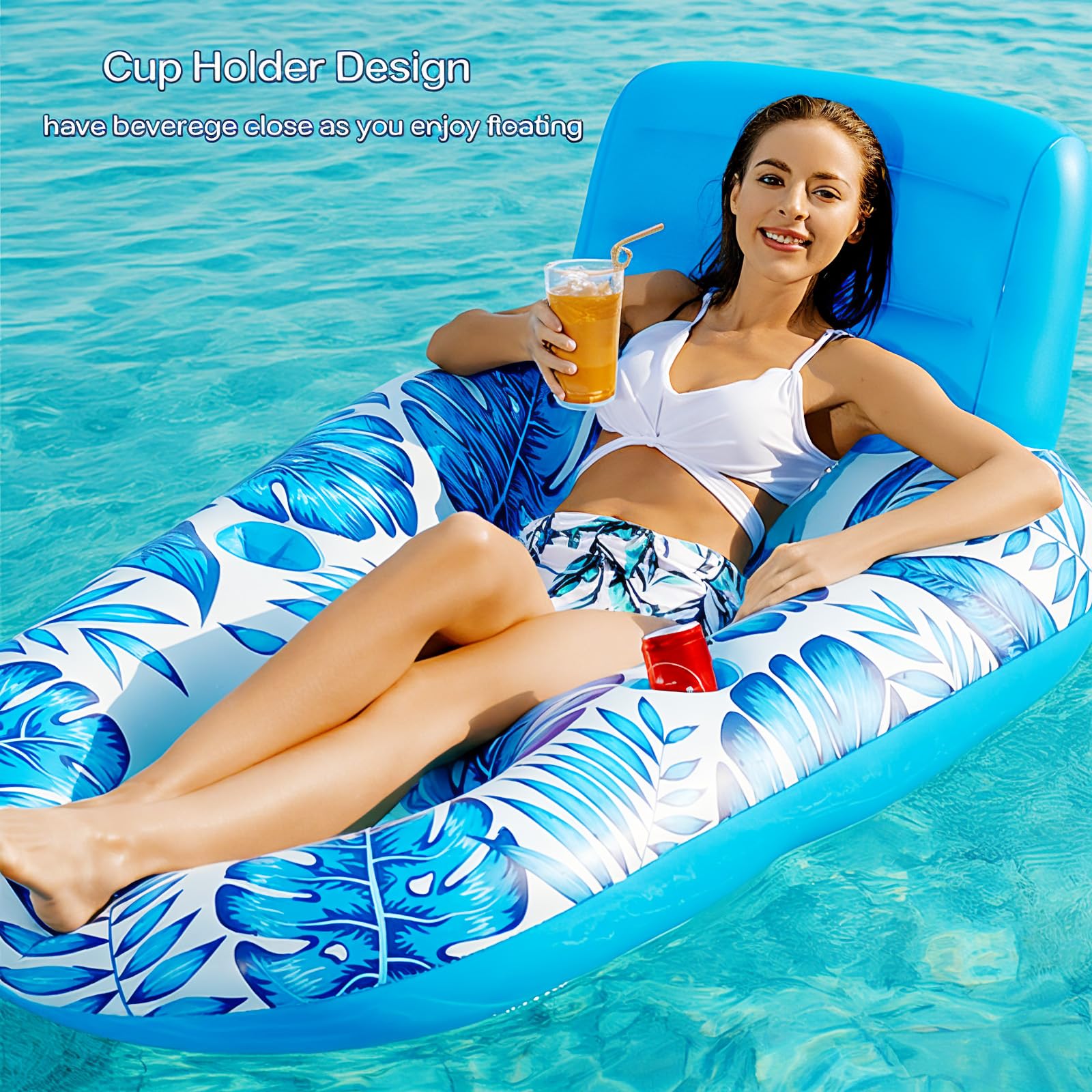 Pool Lounger Floats,Pool Rafts for Adults Large Recliner Tanning Lounge Chair Water Floaty with Backrest Footrest Cup Holder for Swimming Pool Beach Lake River and Vacation