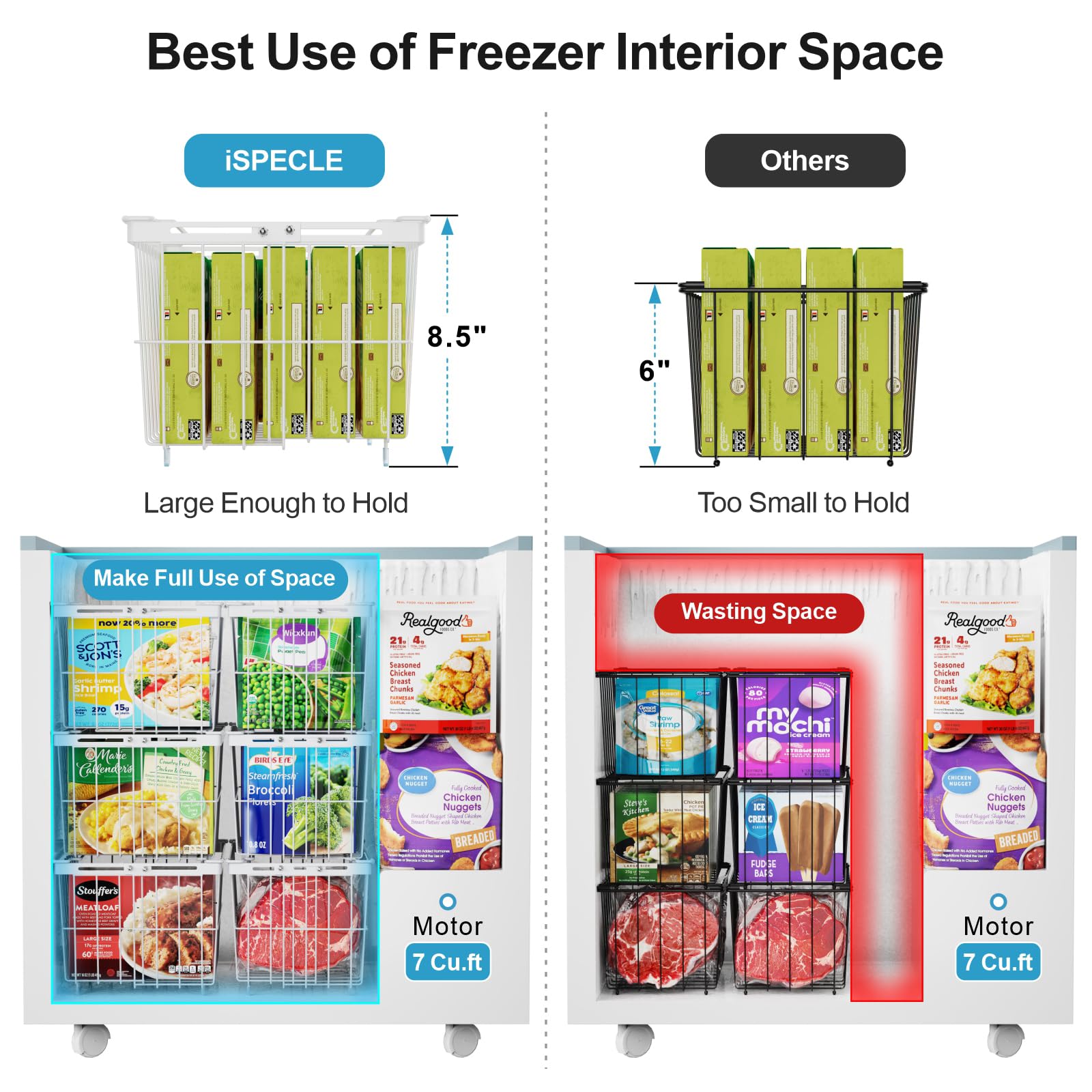 iSPECLE Chest Freezer Organizer Bins - 14.8" Length Large Freezer Organizer Bins for 5 - 7 Cu.FT Deep Freezer, Stackable Chest Freezer Organizer with Adjustable Width Hold More Items, 4 Pack White