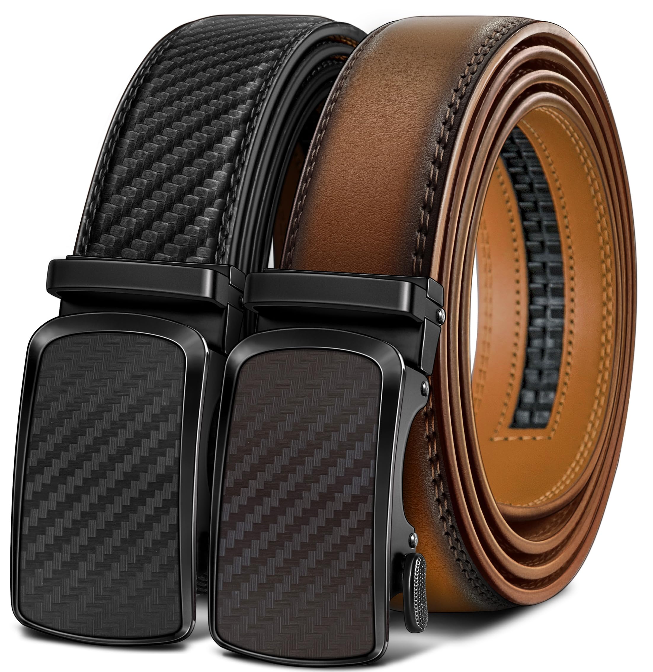 BULLIANT Men's Ratchet Belt 2 Pack-Click Leather Belt Adjustable for Men Gift 1 3/8-Cut for Perfect Fit(Light Brown/Black,32"-38" Waist Adjustable)