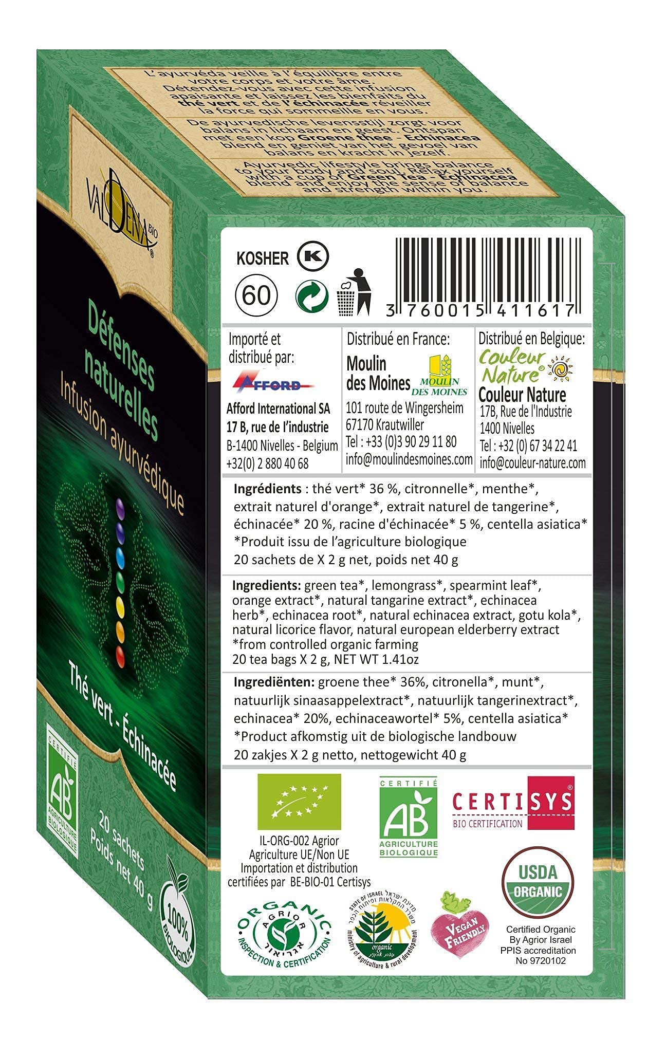 Valdena Bio Ayurvedic Blend Organic Green Tea with Echinacea, Less Caffeine, Anti-Inflammatory and rich in Antioxidant (3 packs, total of 60 individually wrapped tea bags) Non GMO