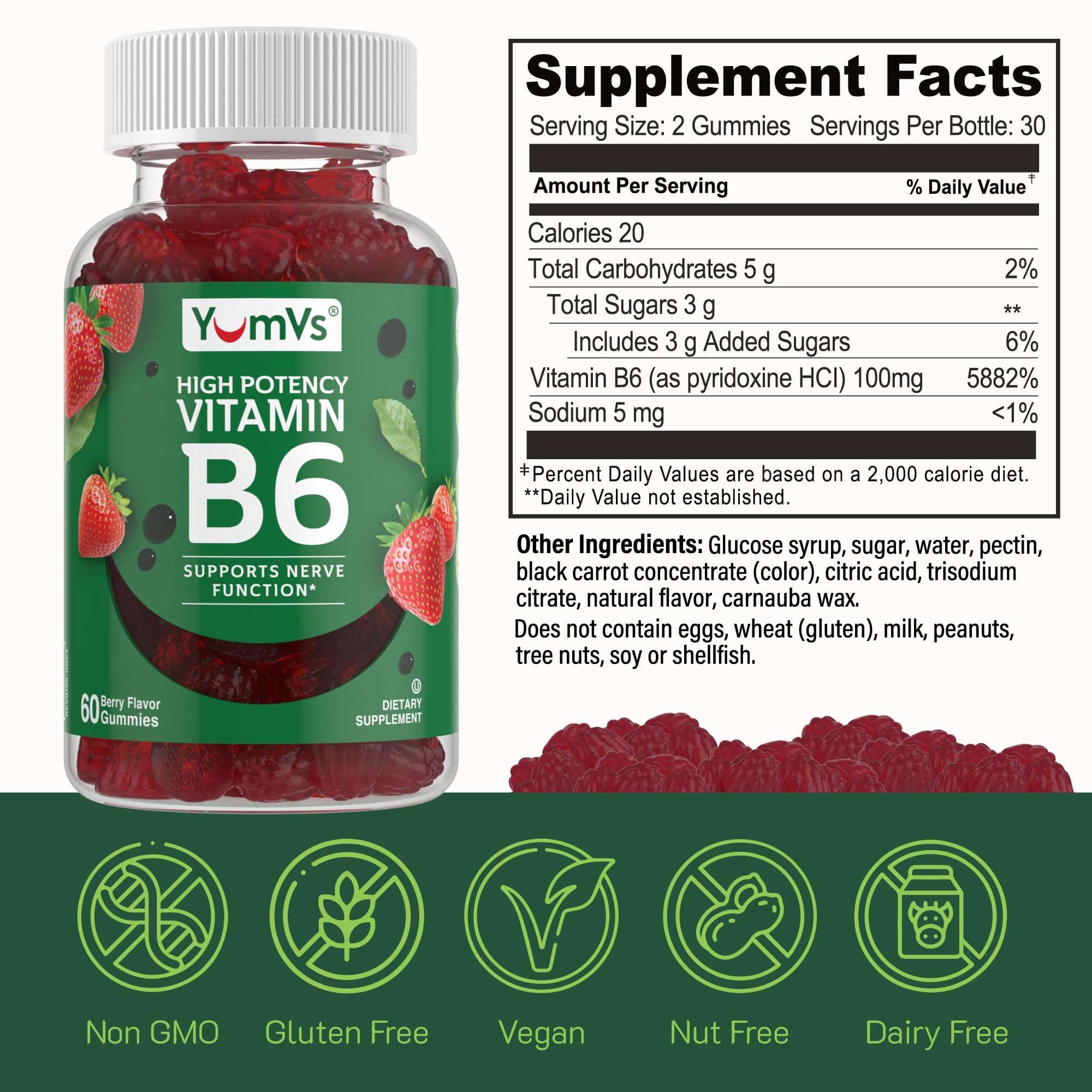 YUM-V'S Vitamin B6 Gummies - High Potency Vitamin B6 100mg - Strawberry Flavor B6 Vitamins Gummies - Nerve & Immune Function, Non GMO Kosher, 60 Count