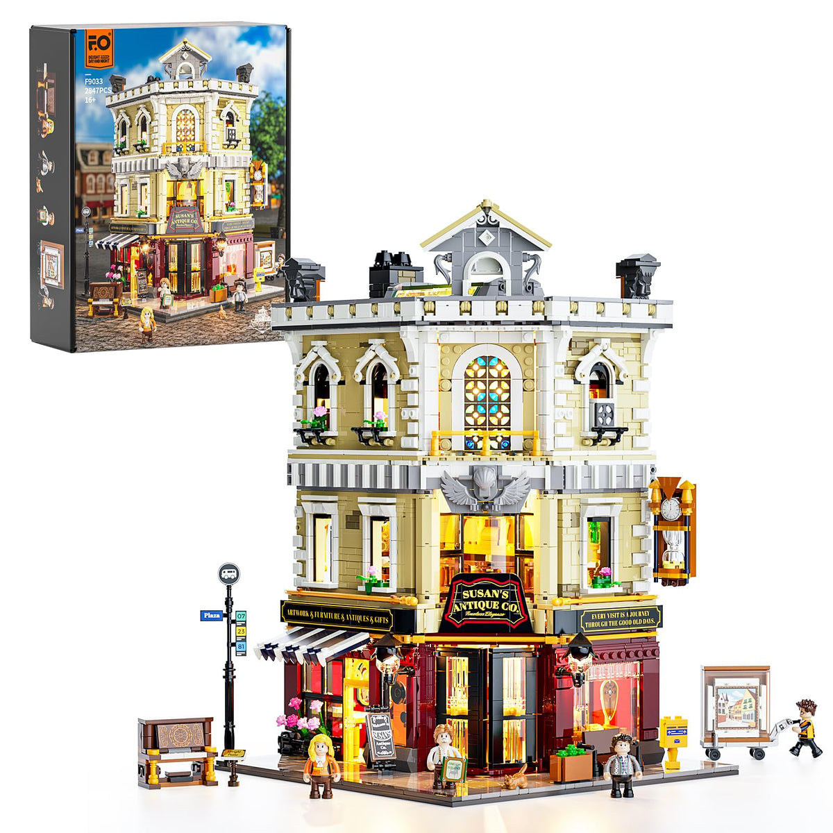 FUNWHOLE Antique-Store Lighting Building-Bricks Set - City Town Corner Collectibles Shop LED Light Modular Building Model Set 2847 Pcs for Adults and Teen