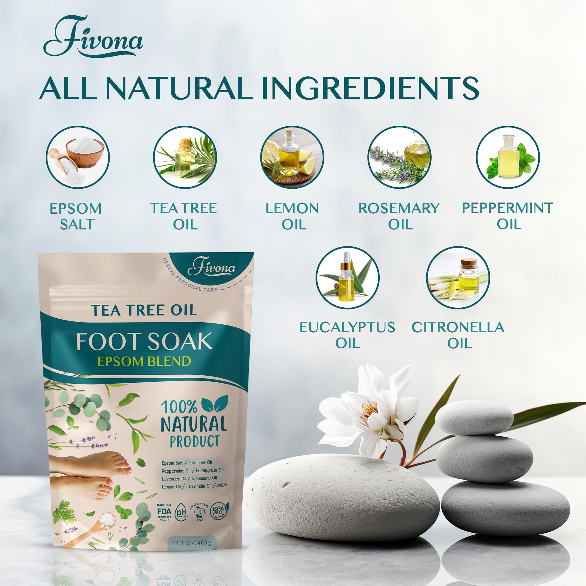 Fivona 2 in 1 Foot Care Kit - Epsom Salt Foot Soak Blend with Tea Tree and Essential Oils - Double-Sided Foot File Stainless Steel Pedicure Tool for Cracked Heels, Callus Remover