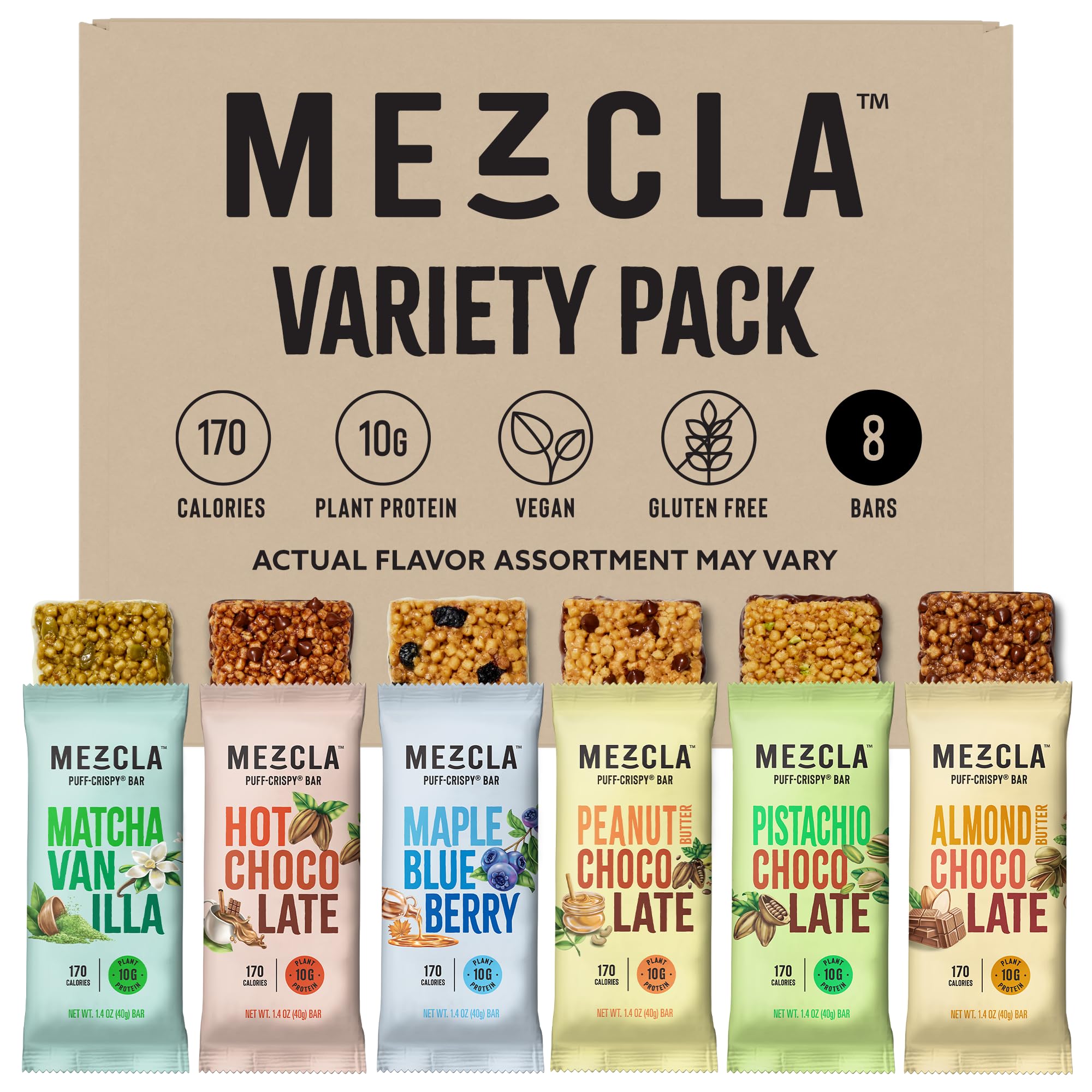 Mezcla Vegan Chocolate High Protein Bars, Gluten Free, Plant Based, Non GMO, No Dairy, 10g Protein, Healthy Snacks, Mixed Flavor Variety Pack (8 Bars)