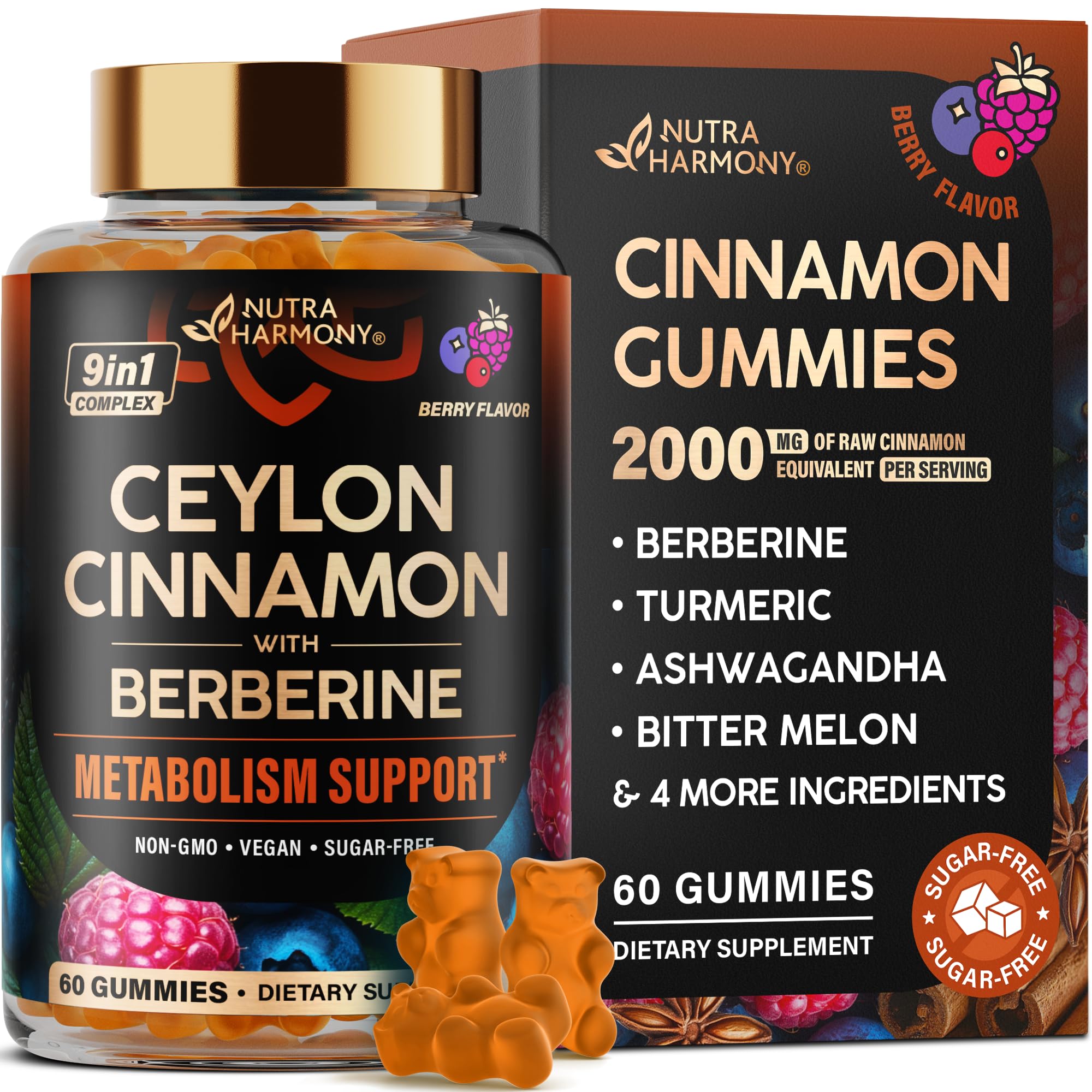 Ceylon Cinnamon Gummies 2000 mg - Berberine | Turmeric | Ashwagandha | Bitter Melon | Psyllium - Metabolism, Energy & Heart Support for Men & Women - Sugar-Free, Natural Berry Flavor - 60 Gummies