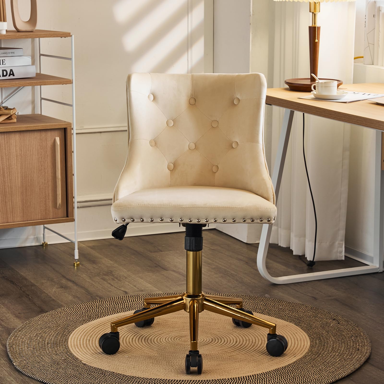 VINGLI Beige Velvet Armless Home Office Desk Chair with Gold Base/Wheels, Small Cute Vanity/Makeup Chair with Back for Bedroom, Upholstered Adjustable Rolling Swivel Nail Chair for Women/Girls