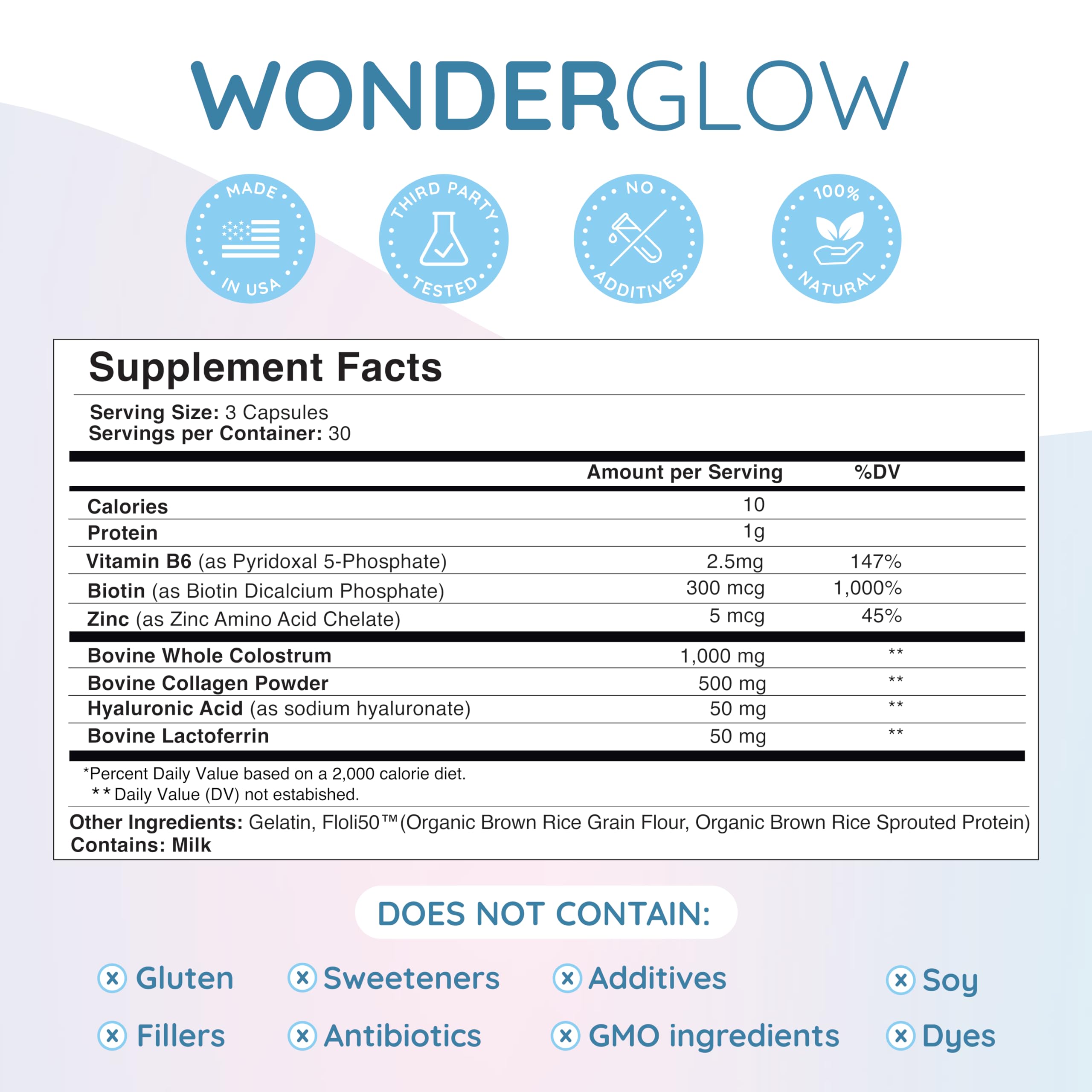 WONDERCOW Hair Skin and Nails Vitamins w/Bovine Colostrum, Collagen, Hyaluronic Acid, Biotin, Zinc, & Lactoferrin┃Supports Faster Hair Growth, Stronger Nails and Glowing Skin (30 Servings, Capsule)